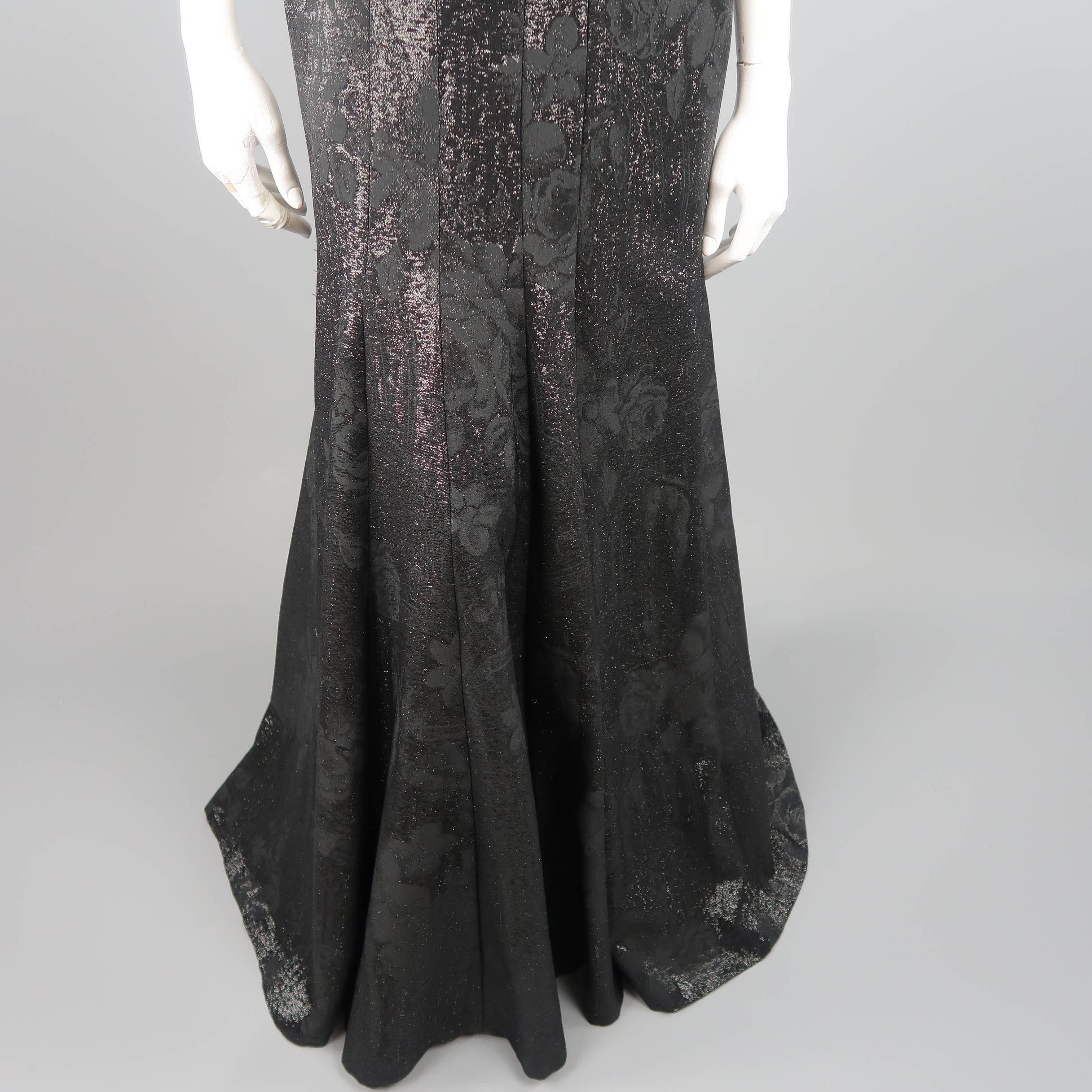 PETER SORONEN Size 6 Black Floral Jacquard Lurex Corset Gown In Excellent Condition In San Francisco, CA