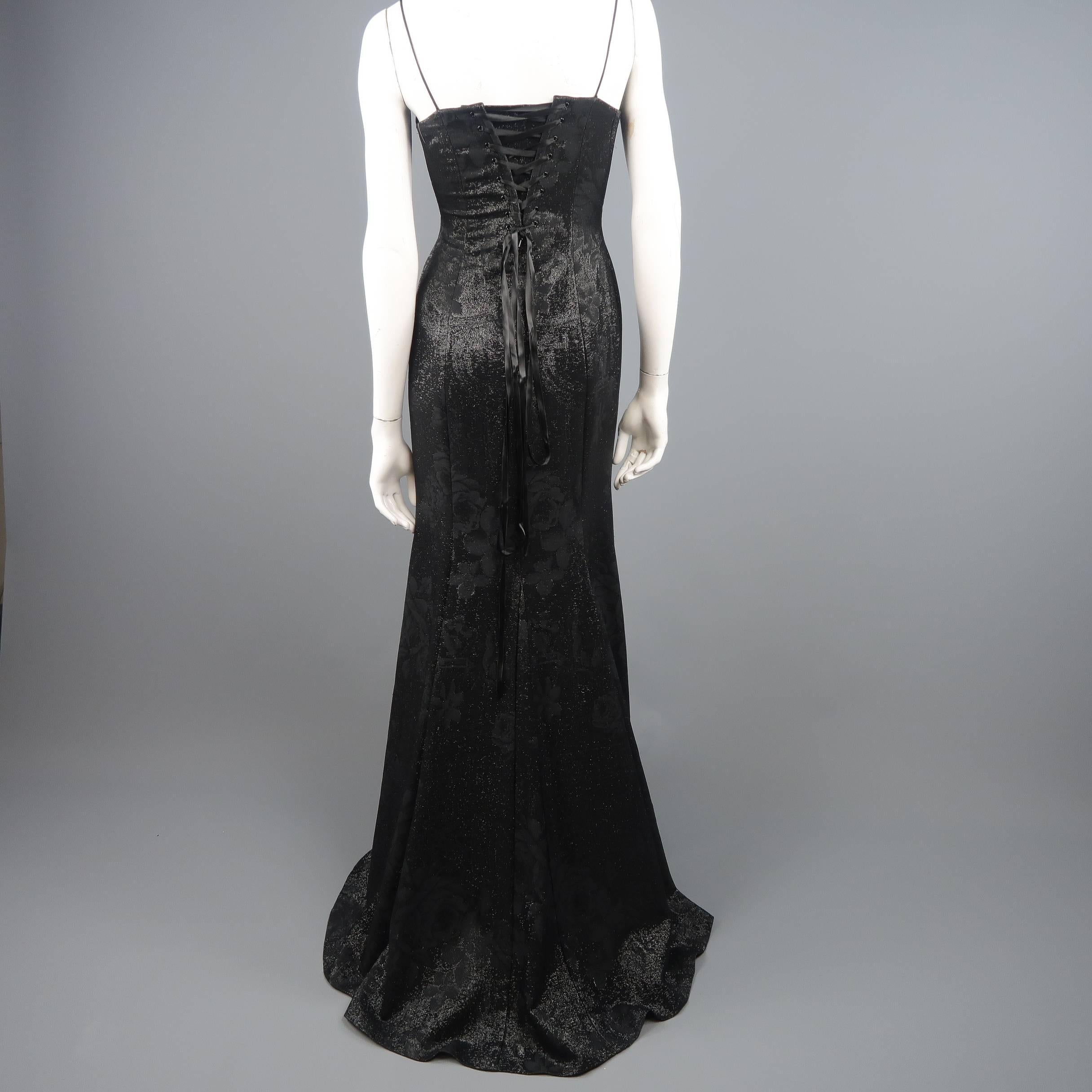 PETER SORONEN Size 6 Black Floral Jacquard Lurex Corset Gown 1
