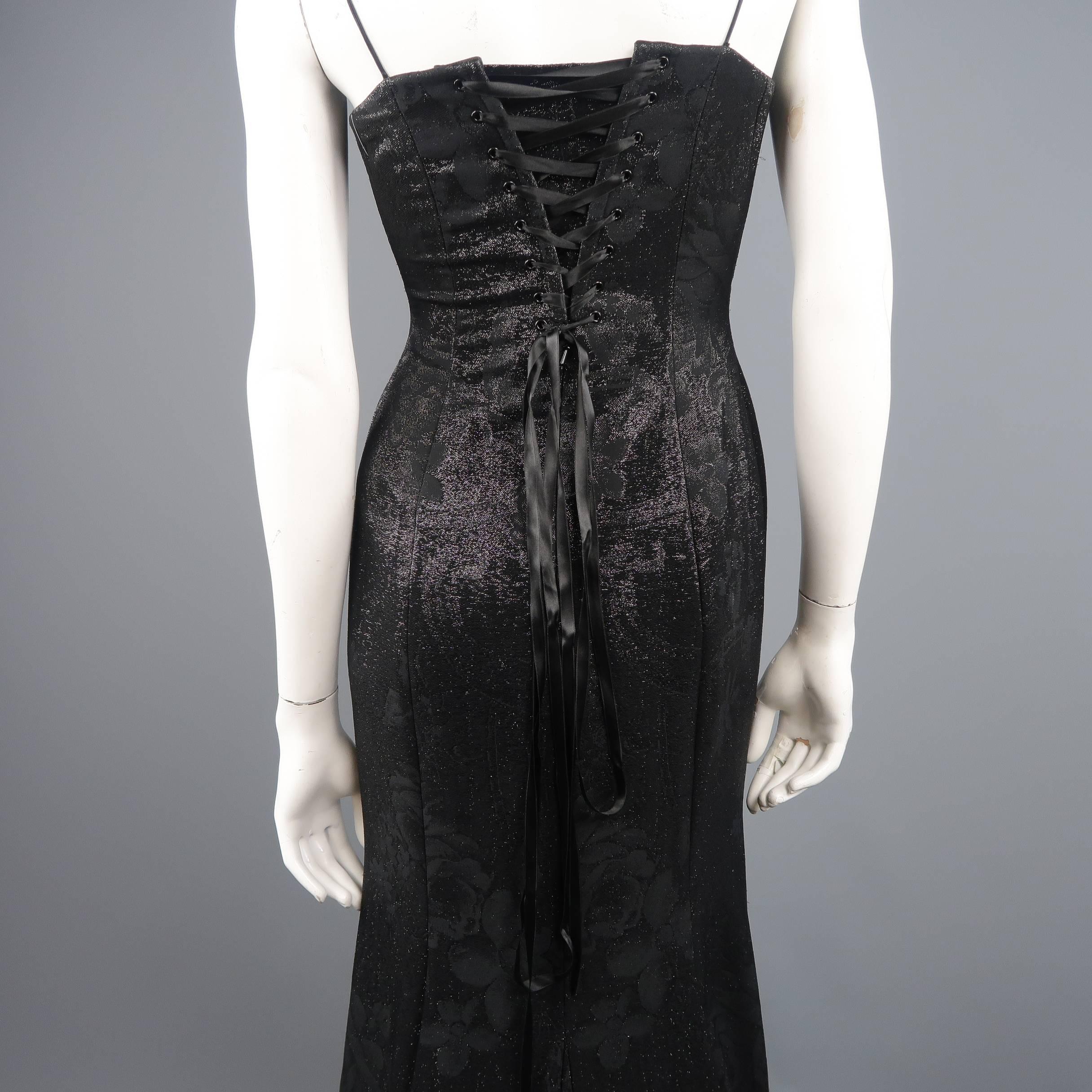 PETER SORONEN Size 6 Black Floral Jacquard Lurex Corset Gown 2