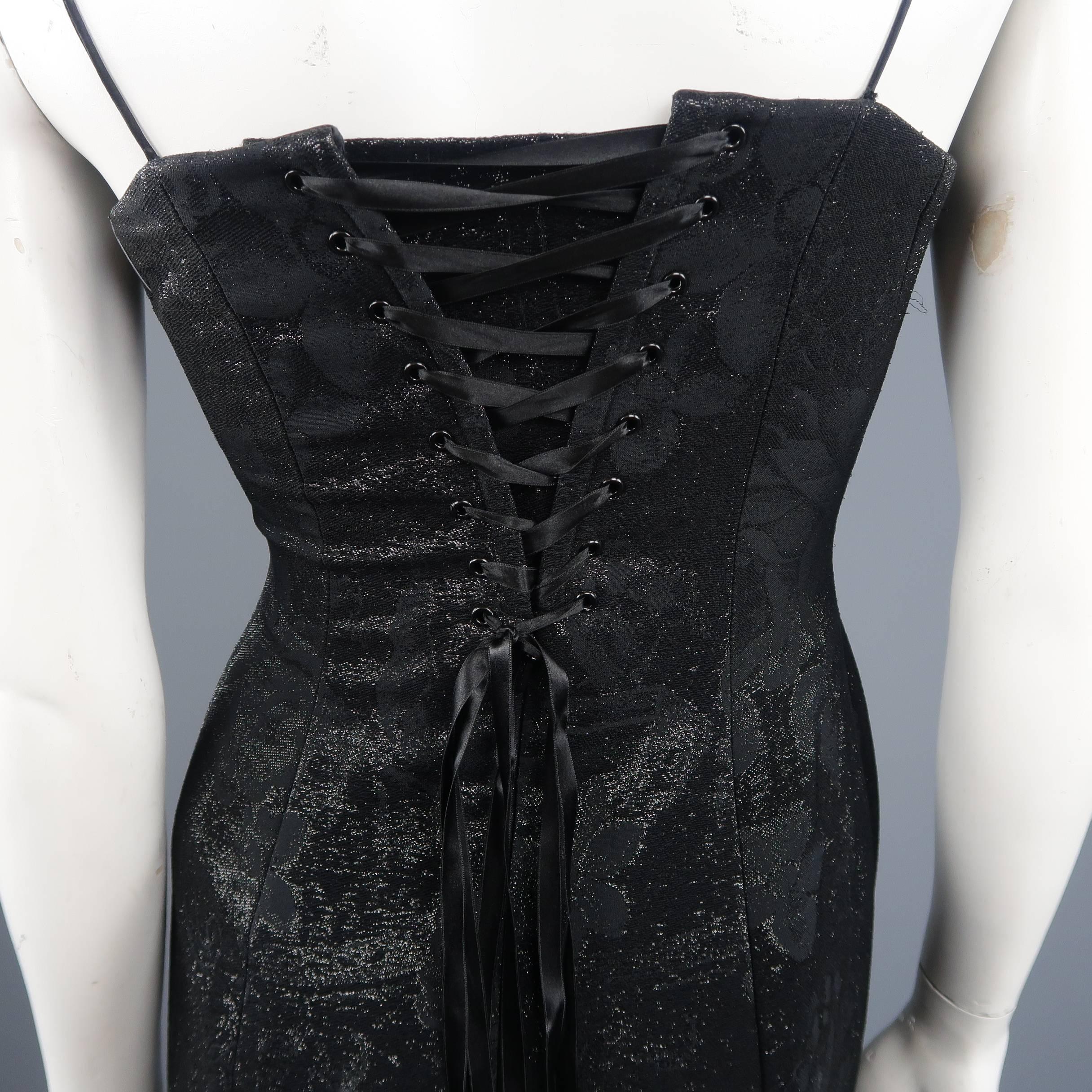PETER SORONEN Size 6 Black Floral Jacquard Lurex Corset Gown 3