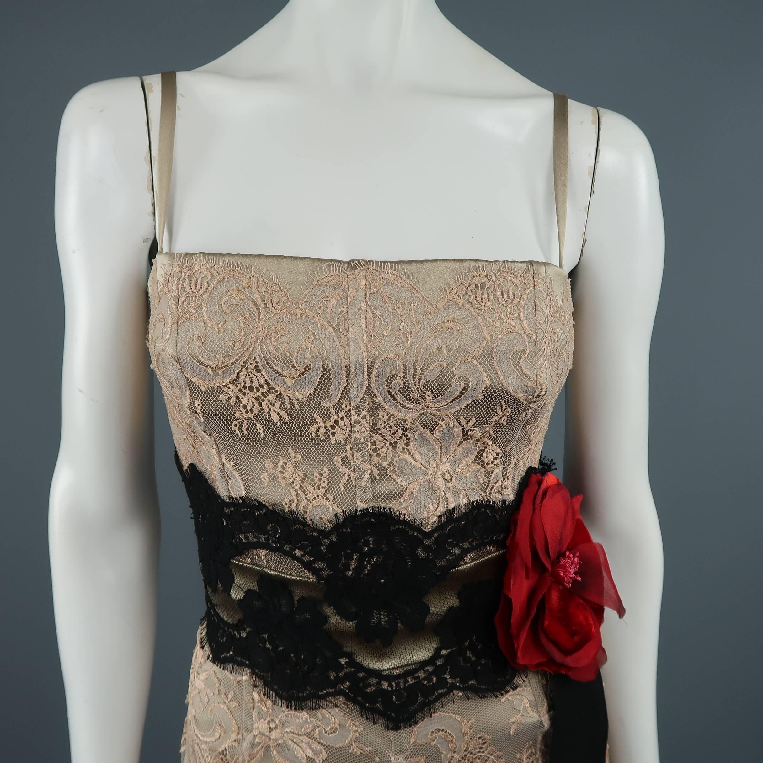 Brown DOLCE & GABBANA Dress - Size 8 Beige Silk Lace Red Flower Sash Belt Gown Dress