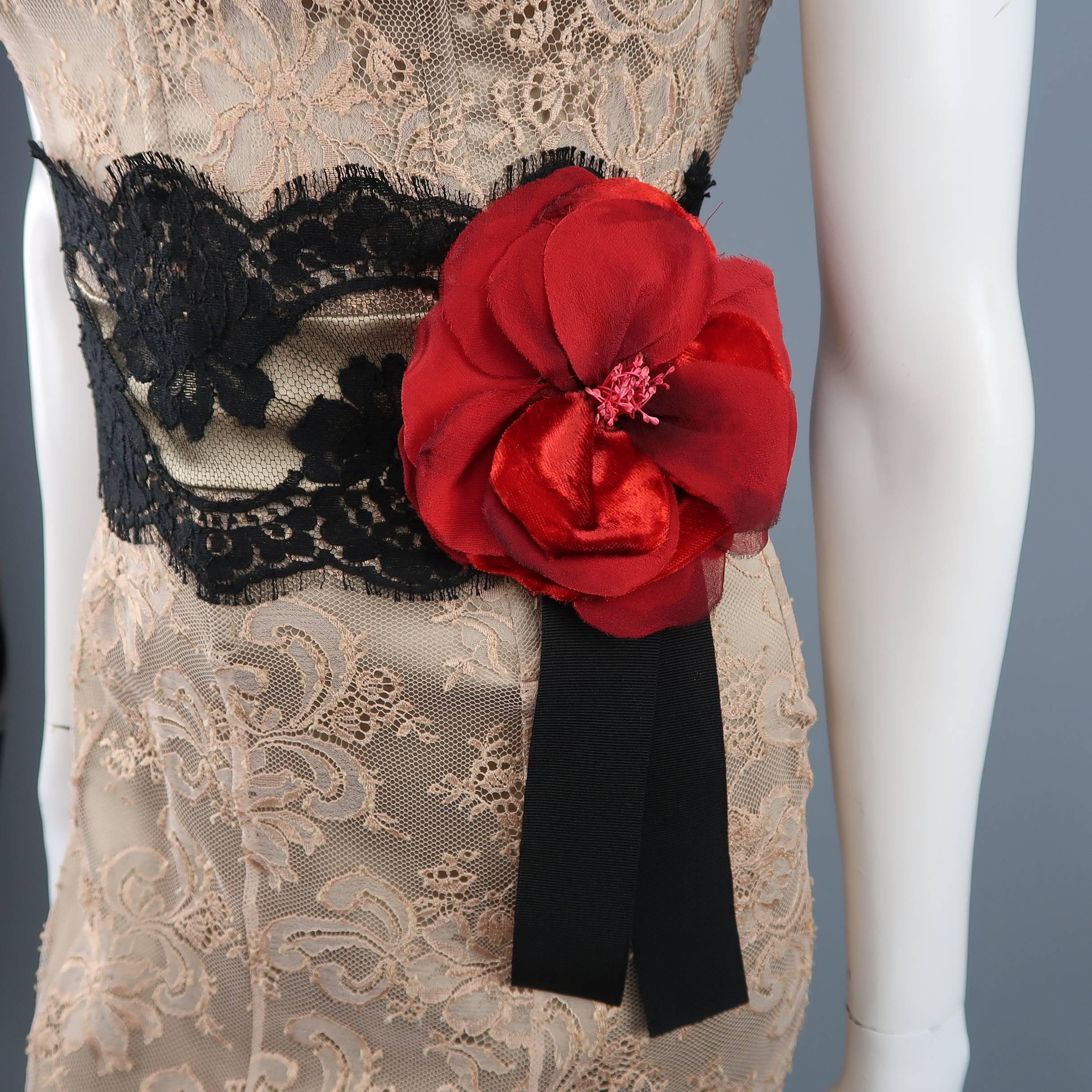 DOLCE & GABBANA Dress - Size 8 Beige Silk Lace Red Flower Sash Belt Gown Dress In Excellent Condition In San Francisco, CA