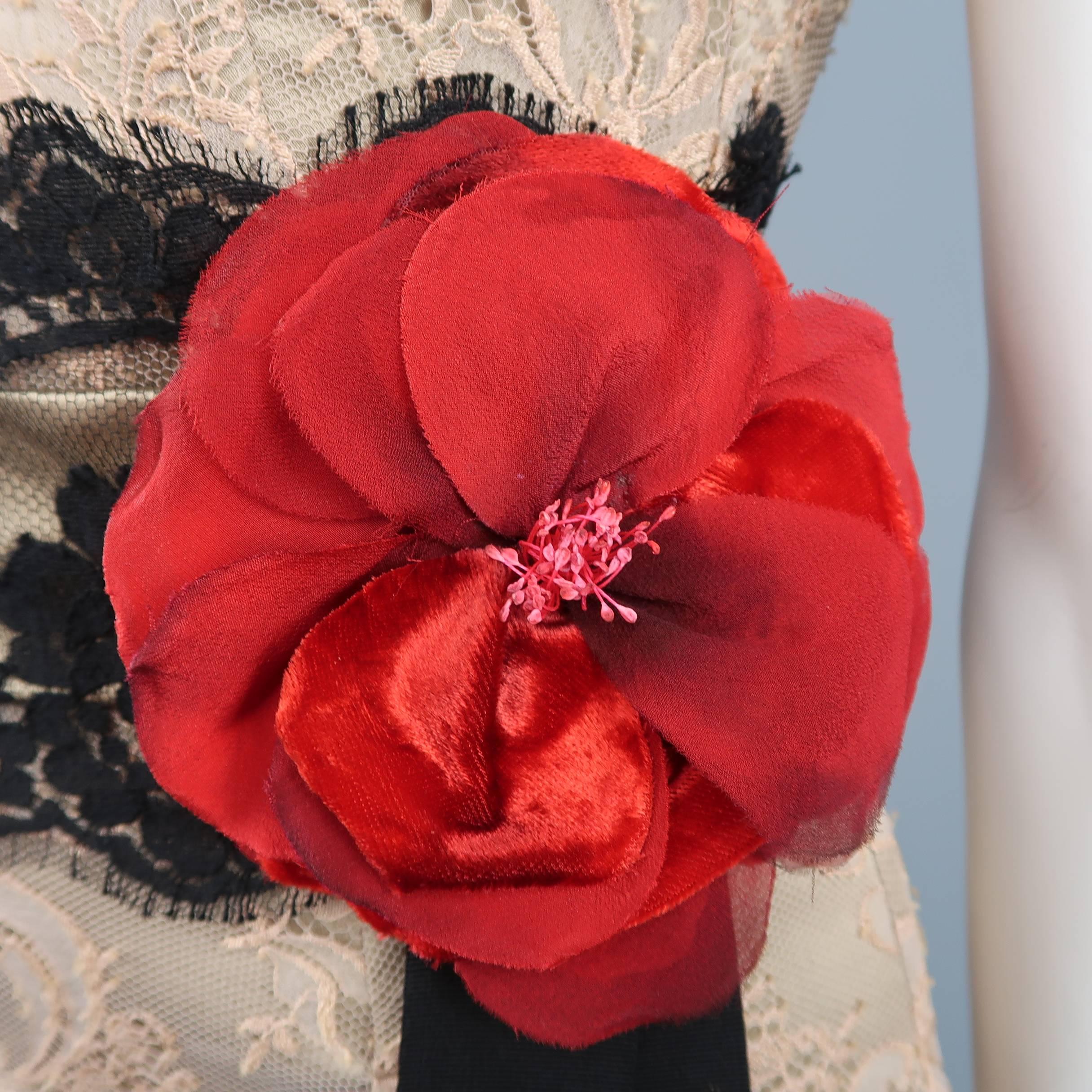 Women's DOLCE & GABBANA Dress - Size 8 Beige Silk Lace Red Flower Sash Belt Gown Dress