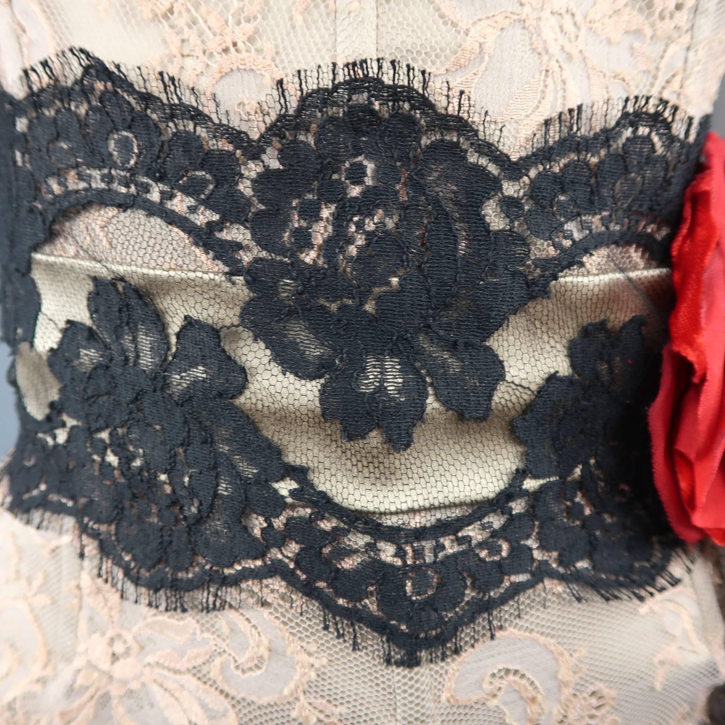 DOLCE & GABBANA Dress - Size 8 Beige Silk Lace Red Flower Sash Belt Gown Dress 2