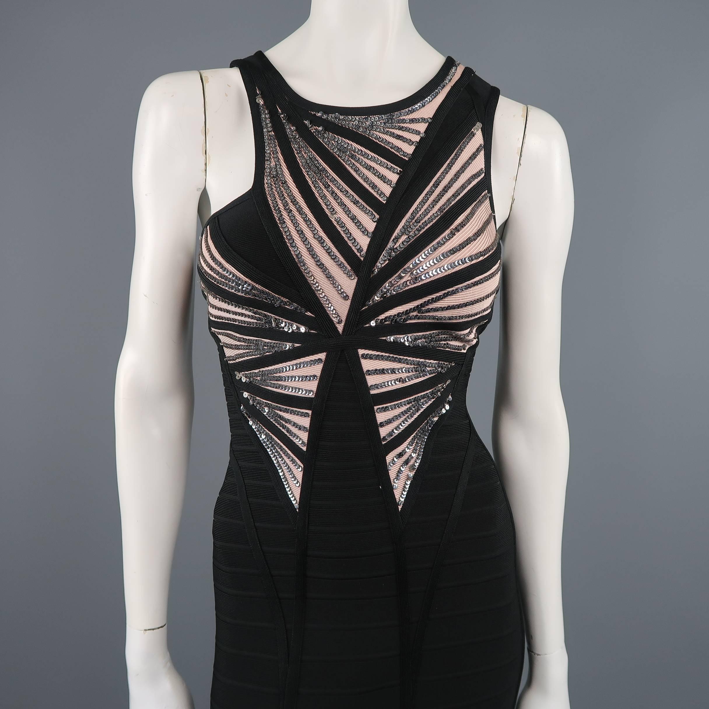 HERVE LEGER Size M Black & Beige Sequin Panel Strapless HALE Bandage Gown In Excellent Condition In San Francisco, CA