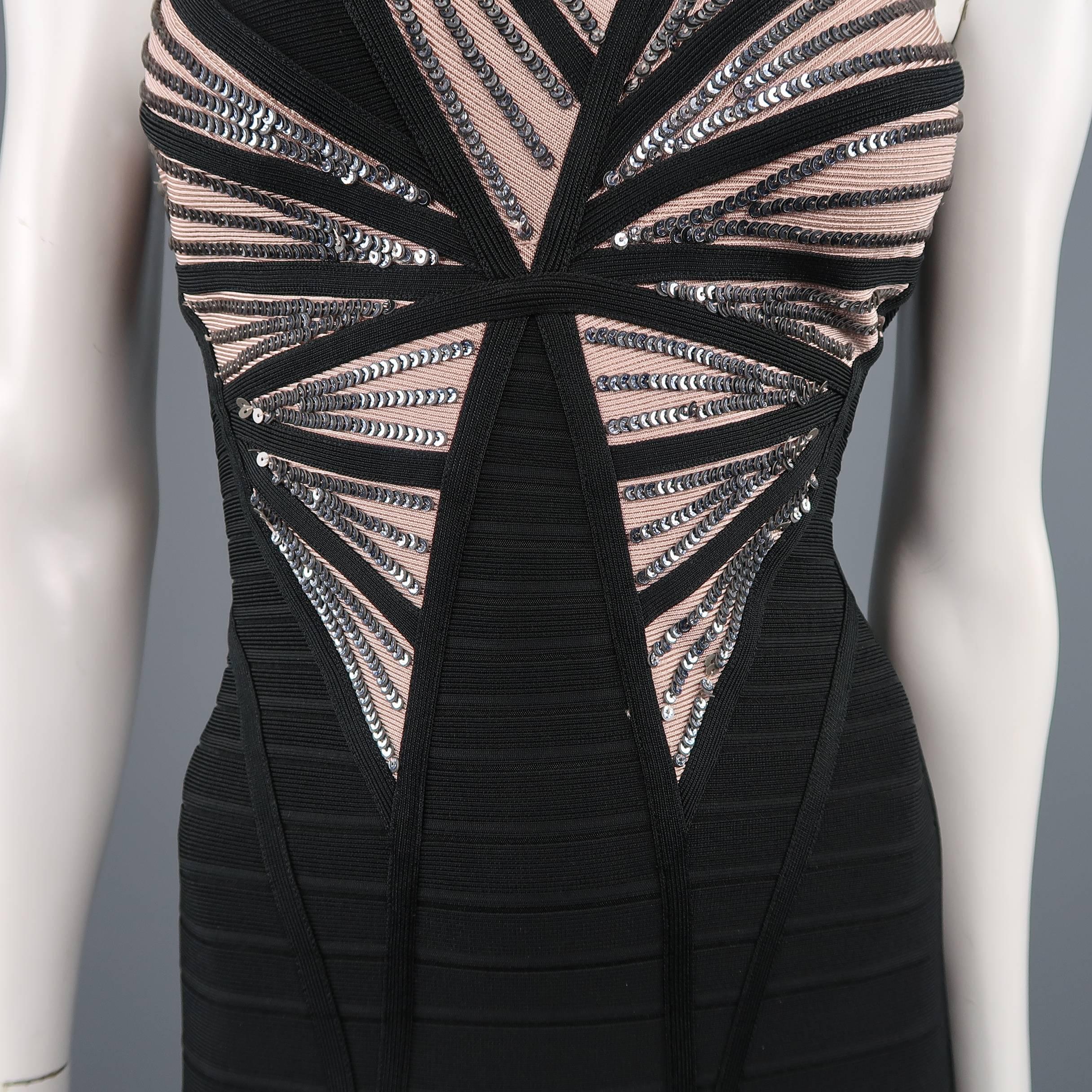 HERVE LEGER Size M Black & Beige Sequin Panel Strapless HALE Bandage Gown 1