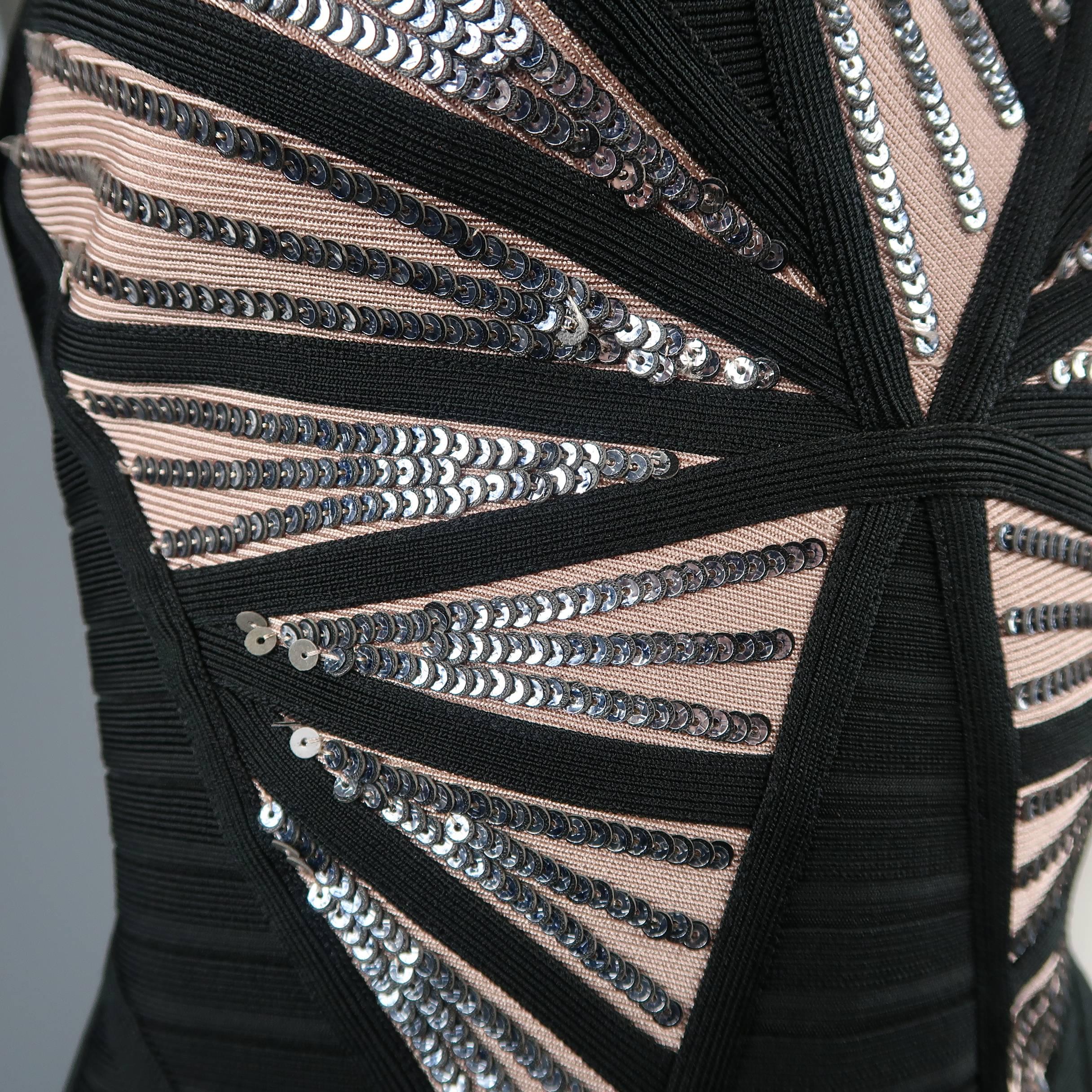 HERVE LEGER Size M Black & Beige Sequin Panel Strapless HALE Bandage Gown 2