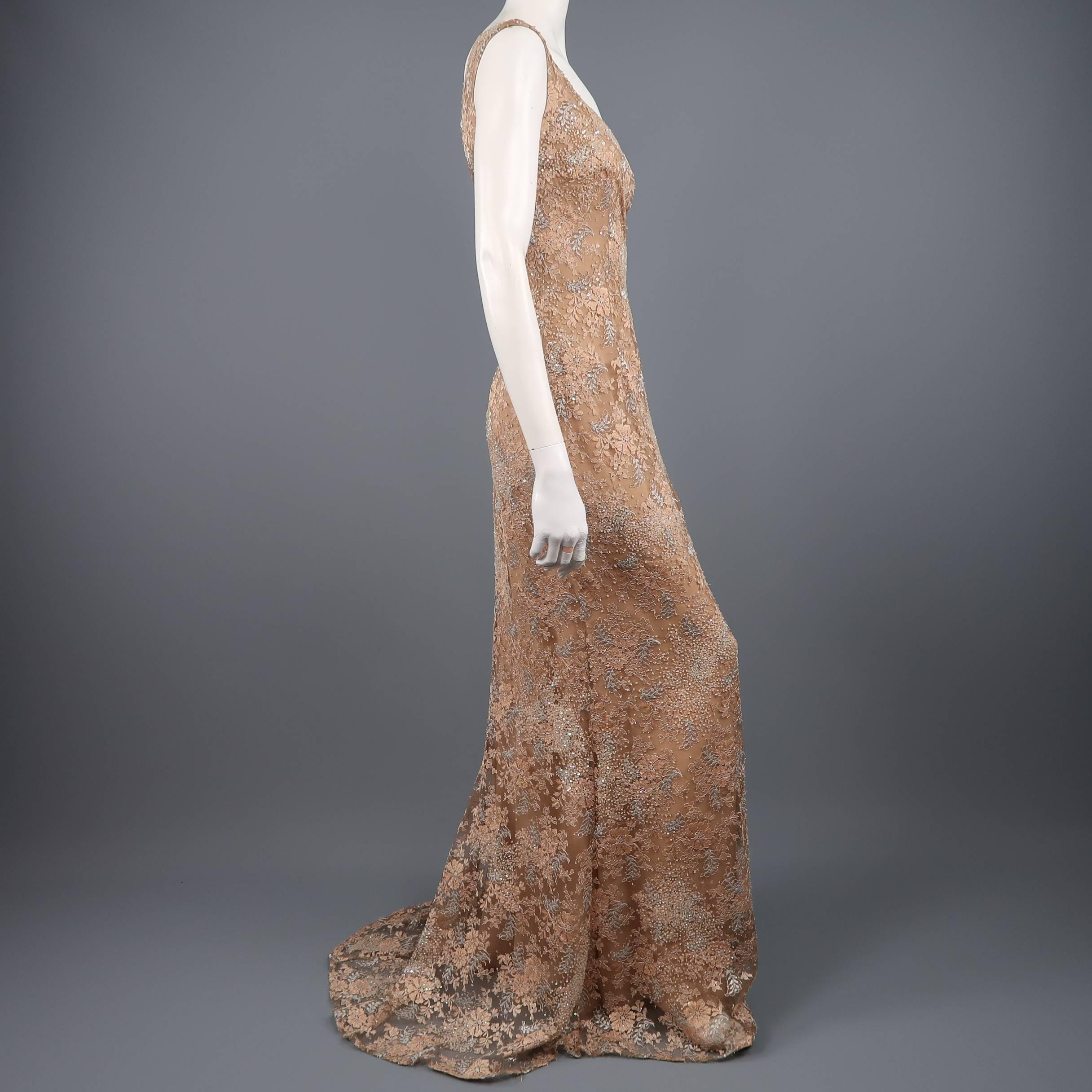 VERA WANG Size 8 Beige Silk Beaded Lace Strapless Evening Gown / Dress In Excellent Condition In San Francisco, CA