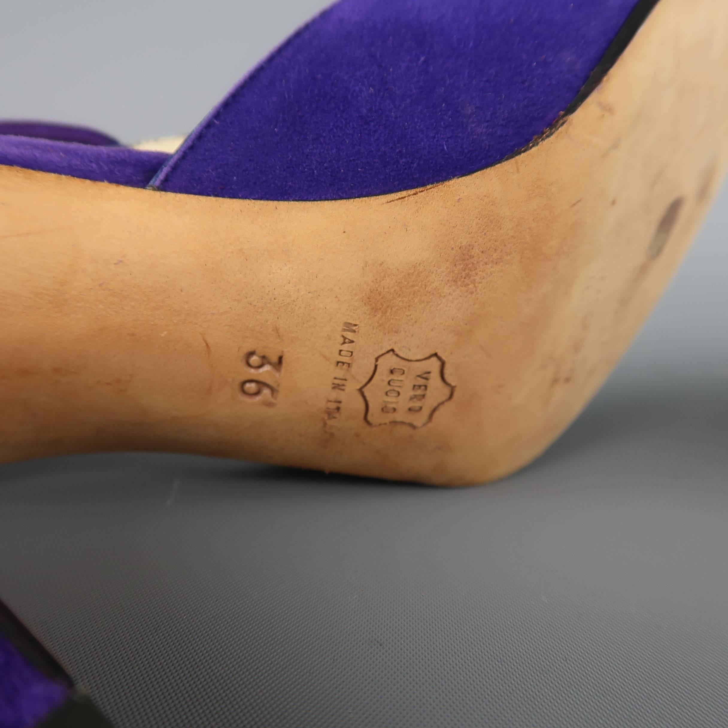 Manolo Blahnik Purple Suede Pointed Toe Tied T Strap Pumps In Fair Condition In San Francisco, CA