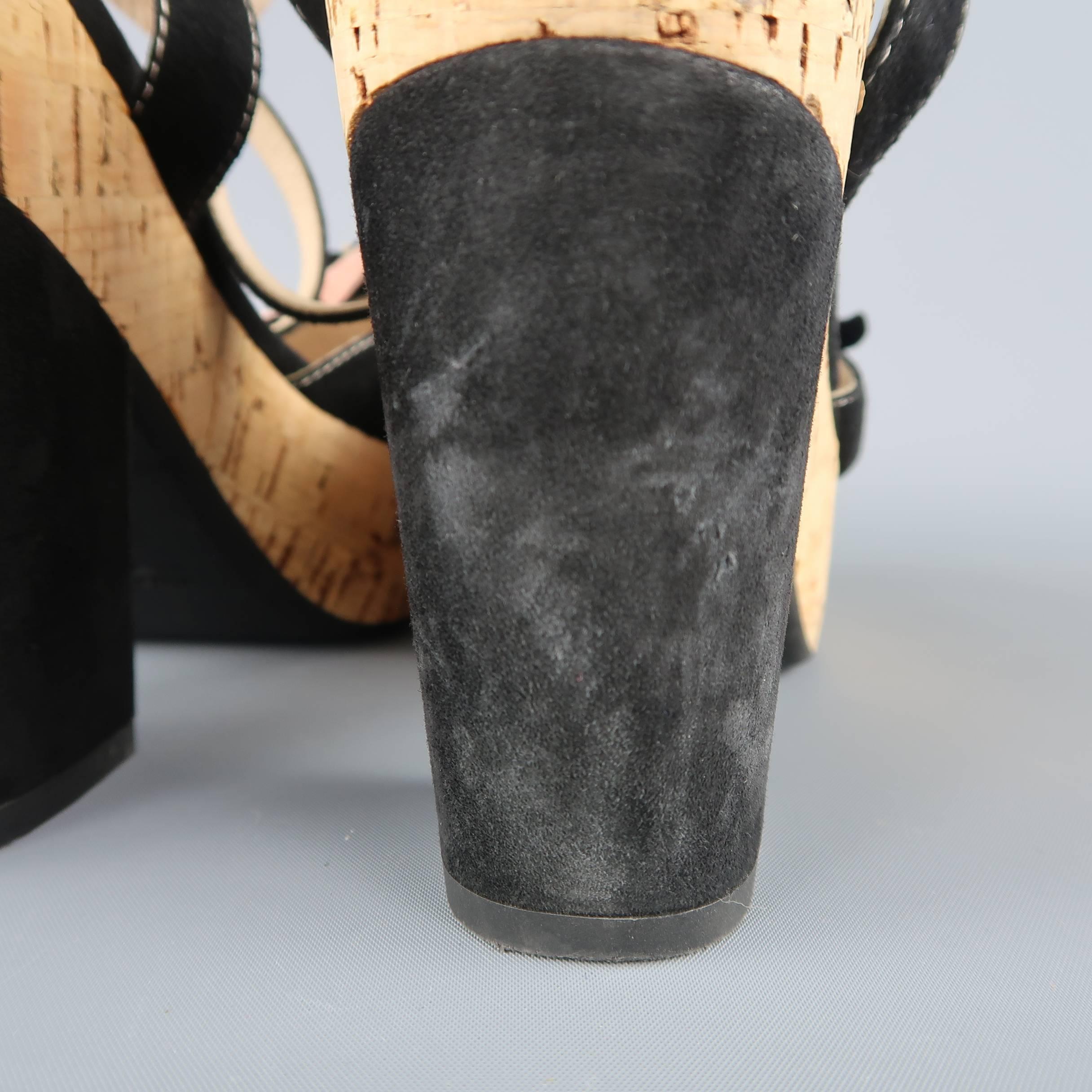 Prada Black Suede Flower Applique Cork Platform Sandals 1