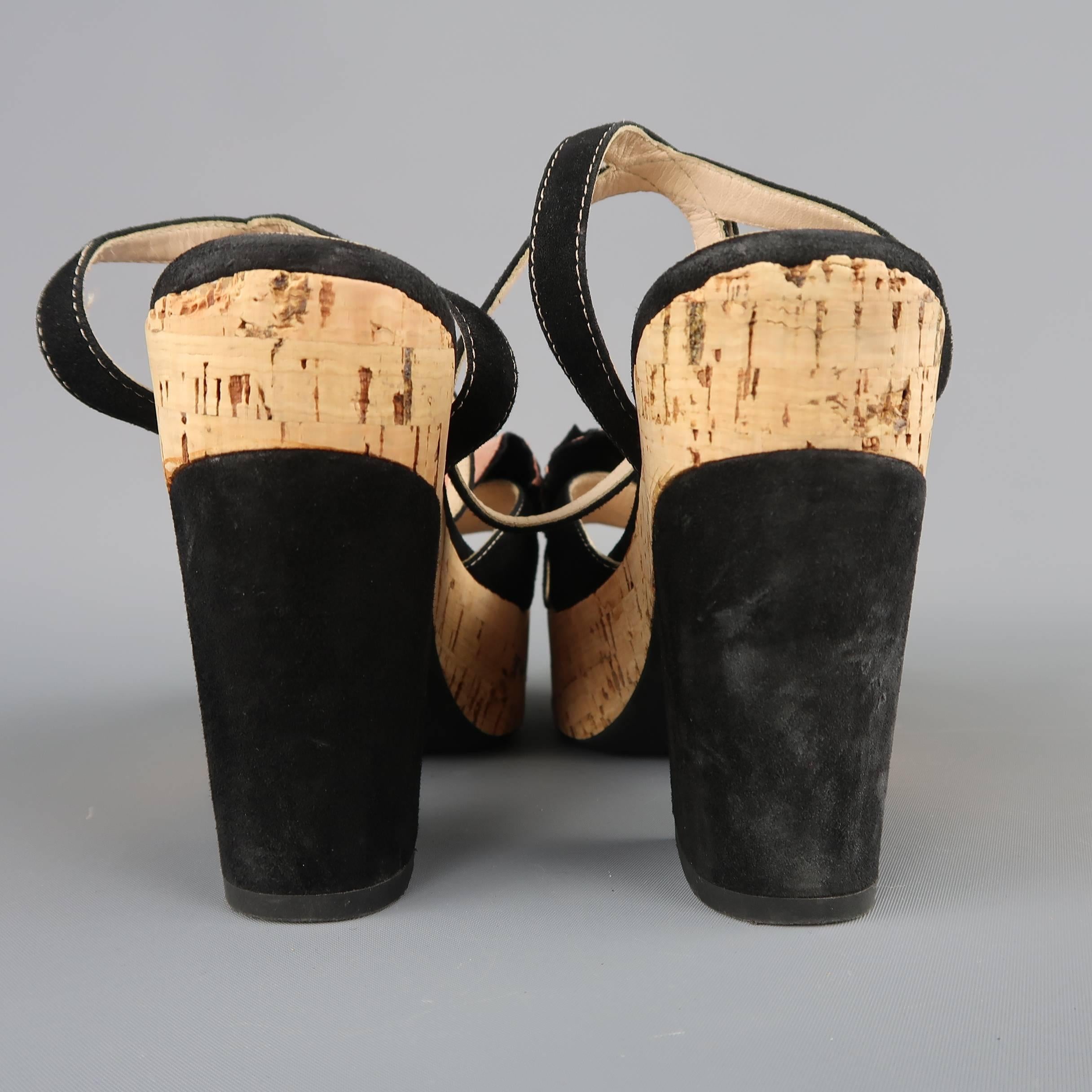 Women's Prada Black Suede Flower Applique Cork Platform Sandals