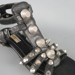 Balenciaga Black Leather Silver Arena Gladiator Flat Sandals