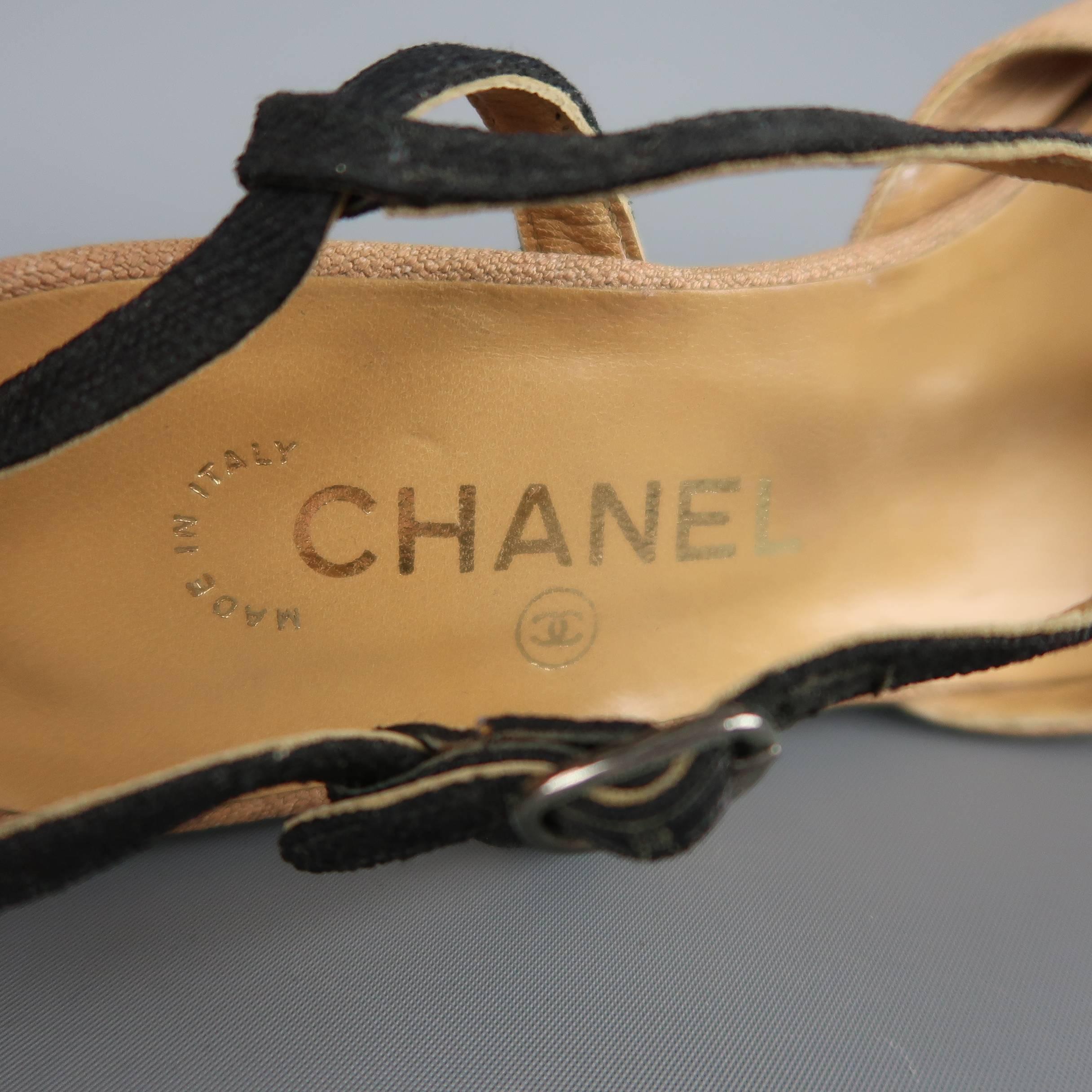 Chanel Size 7 Black and Tan Linen T Strap CC Flats 2