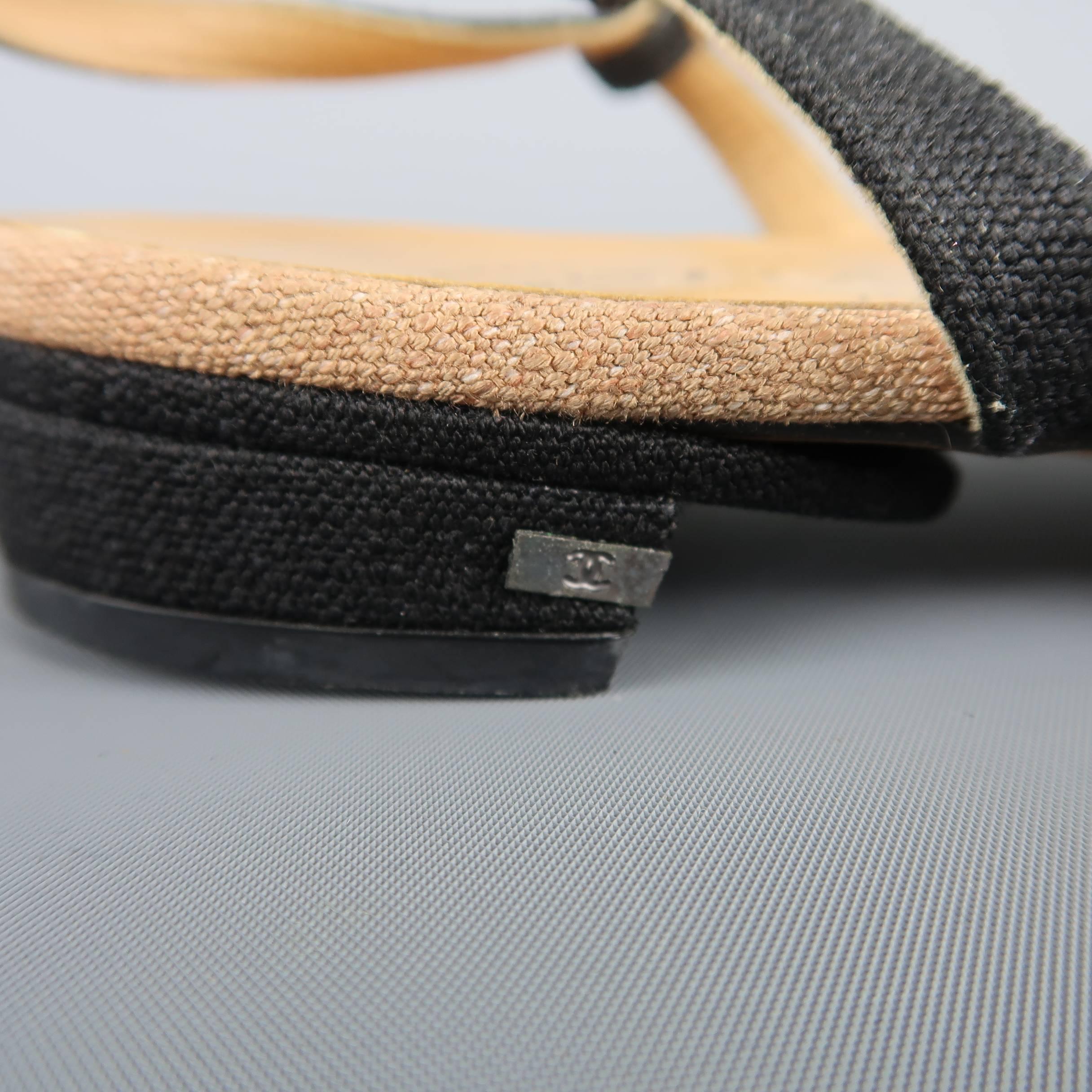 Chanel Size 7 Black and Tan Linen T Strap CC Flats 1