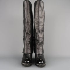 Chanel Boots - Black Leather Fold Over Toe Cap Chain Wedge Shoes