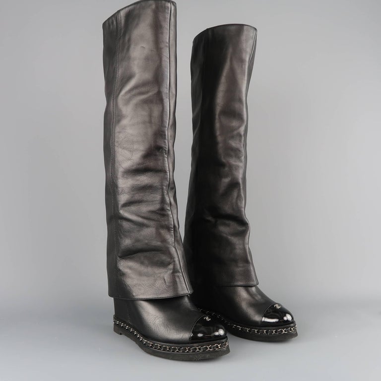 Chanel Boots - Black Leather Fold Over Toe Cap Chain Wedge Shoes at 1stDibs