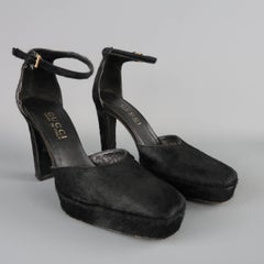 Gucci By Tom Ford Black Pony Hair Platform Ankle Strap Pumps