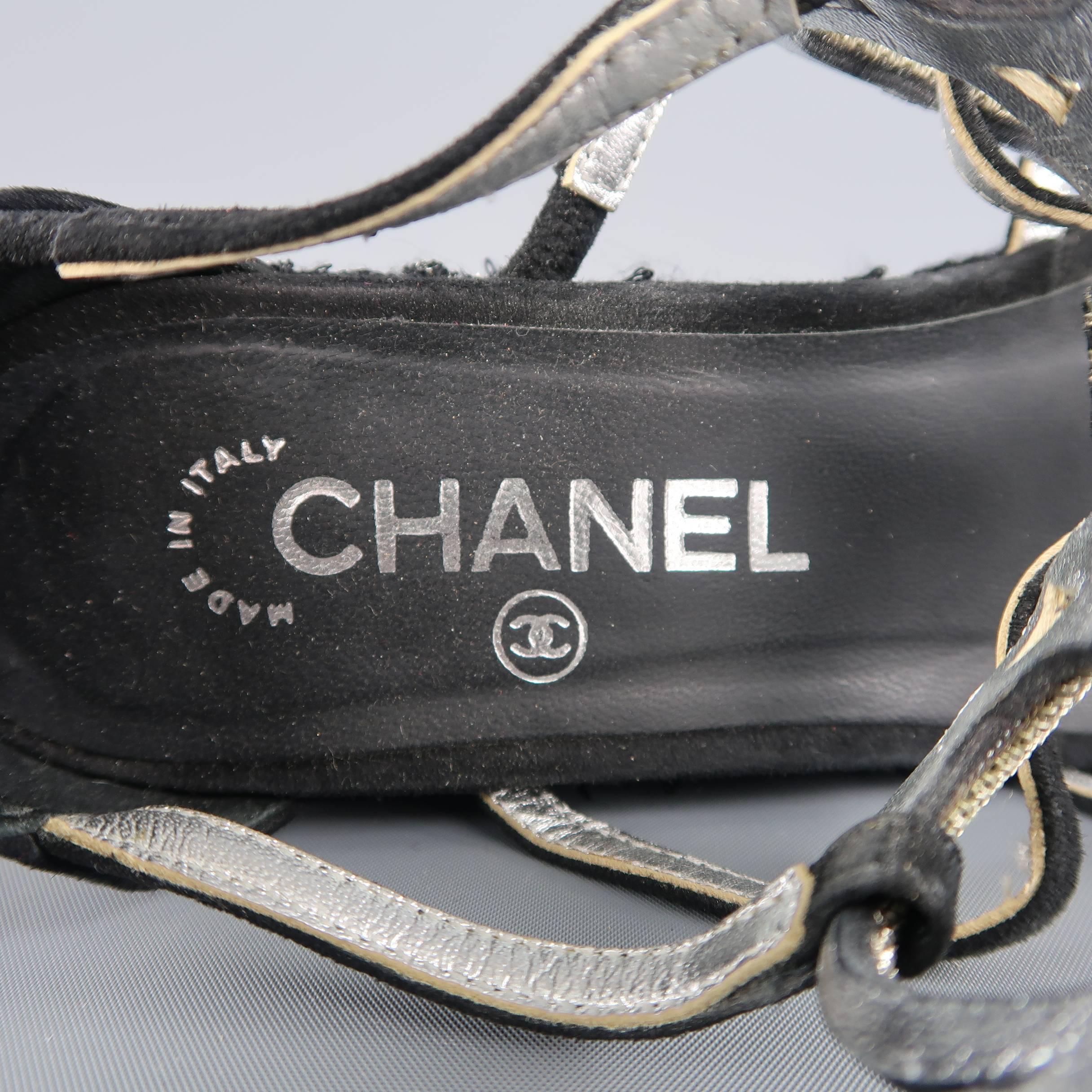 Chanel Size 7US Black Suede and Metal Gladiator Tweed Platform Wedge Sandals 8