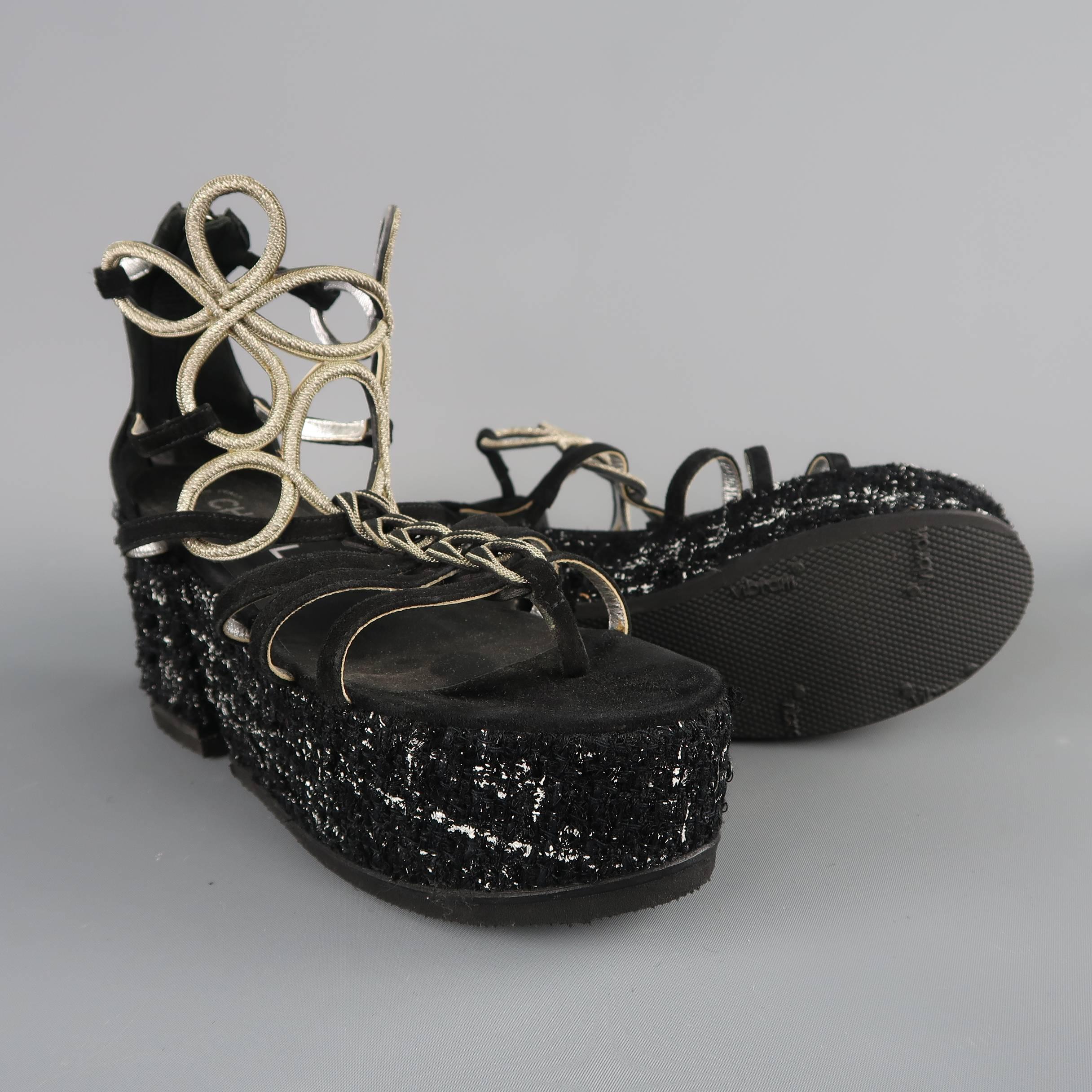 Chanel Size 7US Black Suede and Metal Gladiator Tweed Platform Wedge Sandals 1