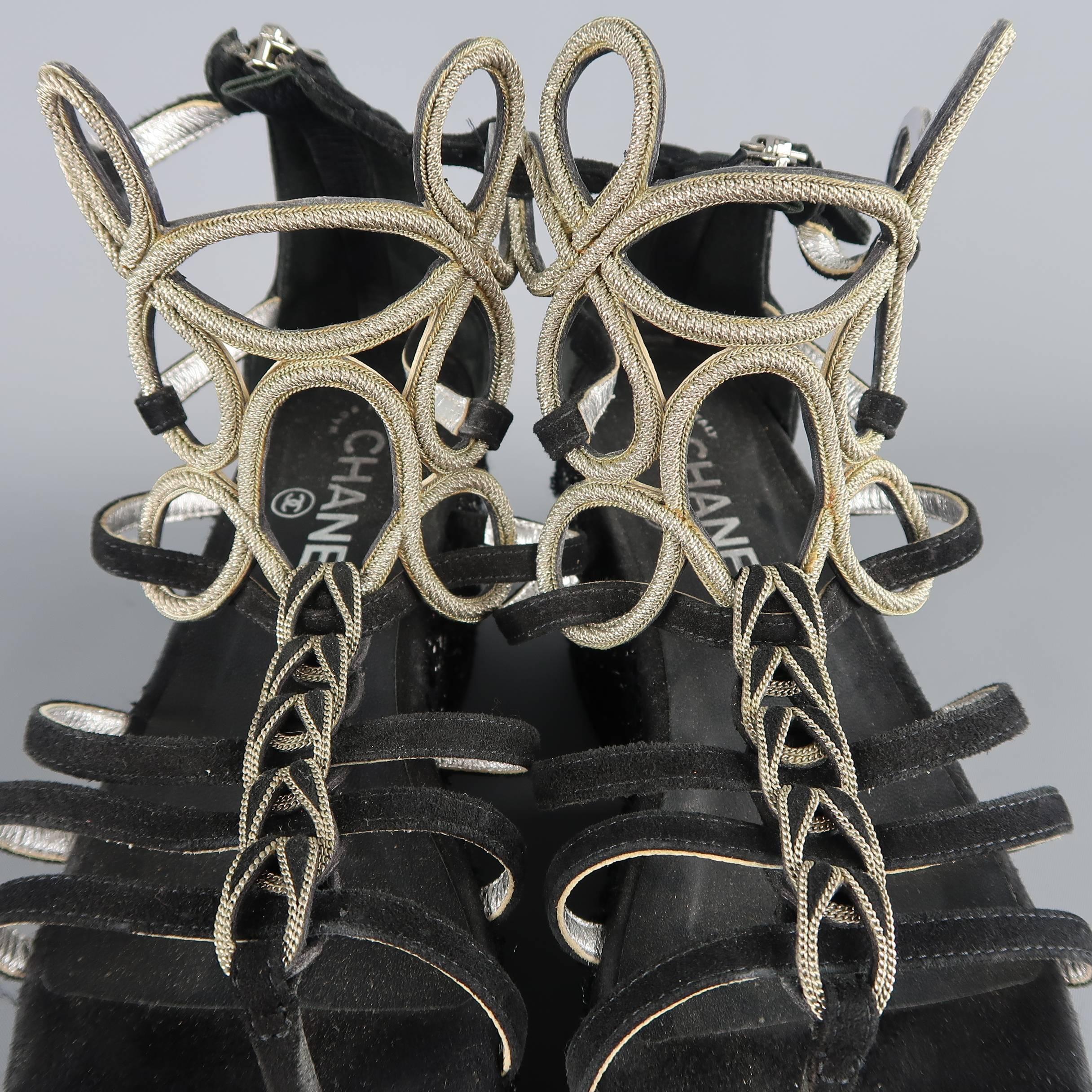 Chanel Size 7US Black Suede and Metal Gladiator Tweed Platform Wedge Sandals 3