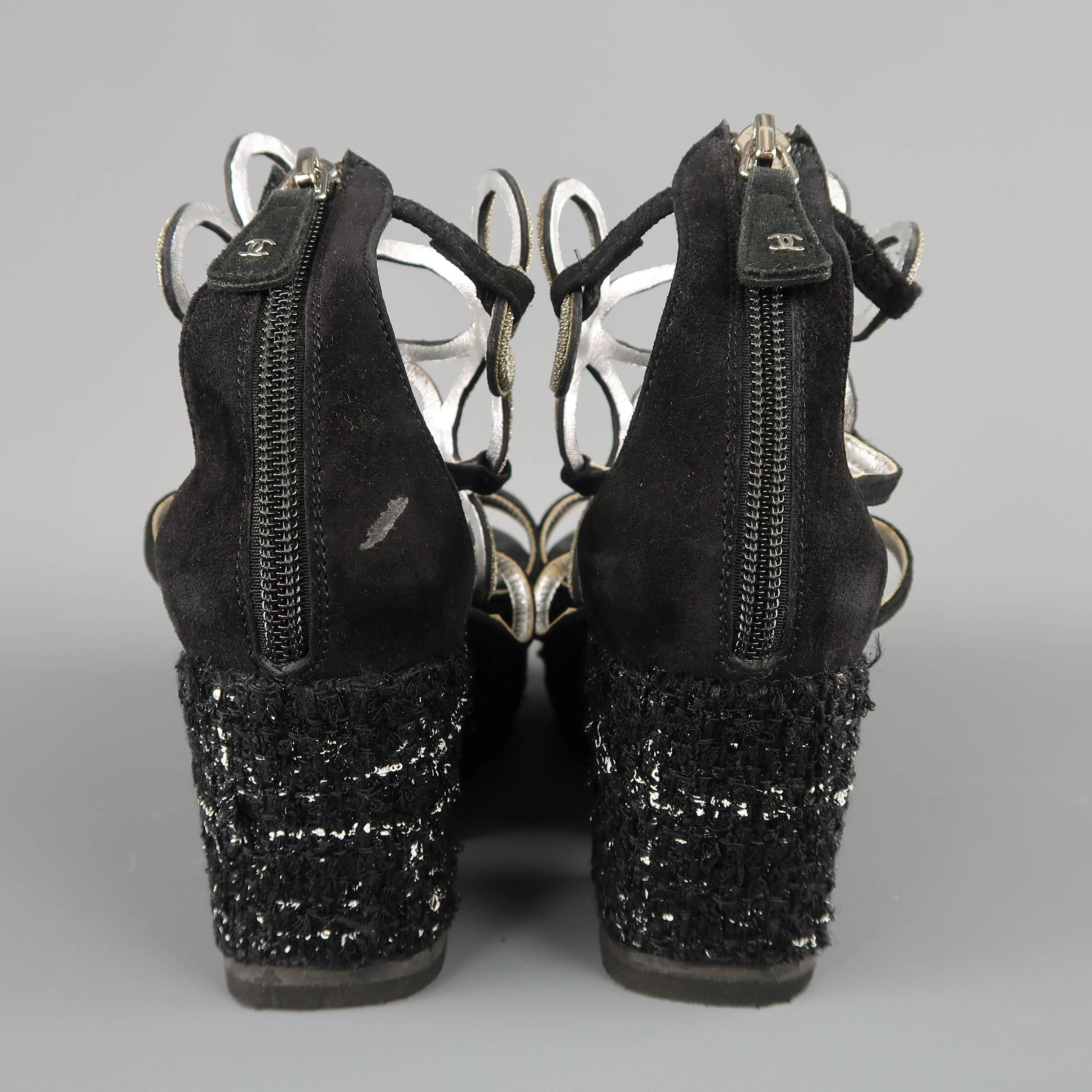 Chanel Size 7US Black Suede and Metal Gladiator Tweed Platform Wedge Sandals 7
