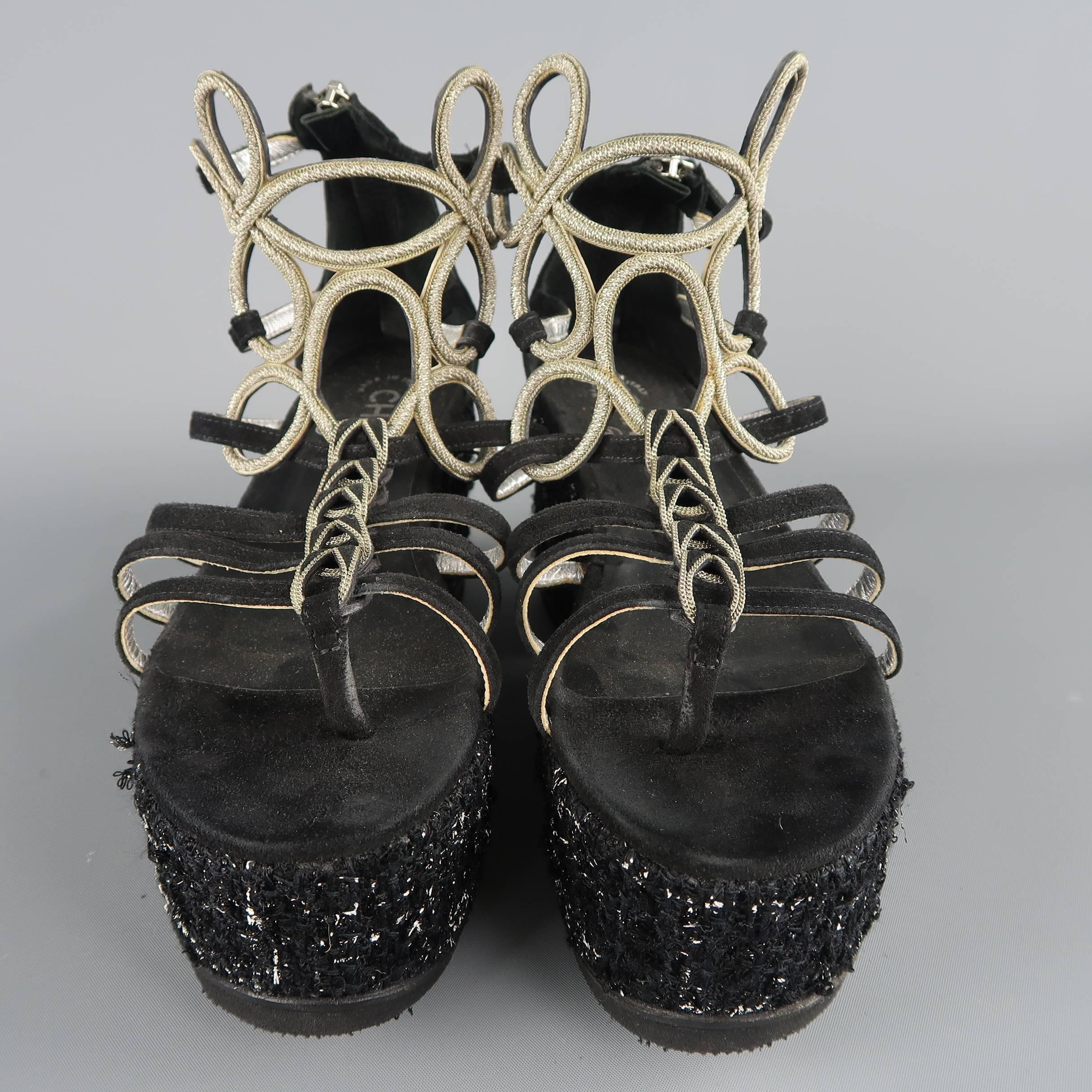 Chanel Size 7US Black Suede and Metal Gladiator Tweed Platform Wedge Sandals 2