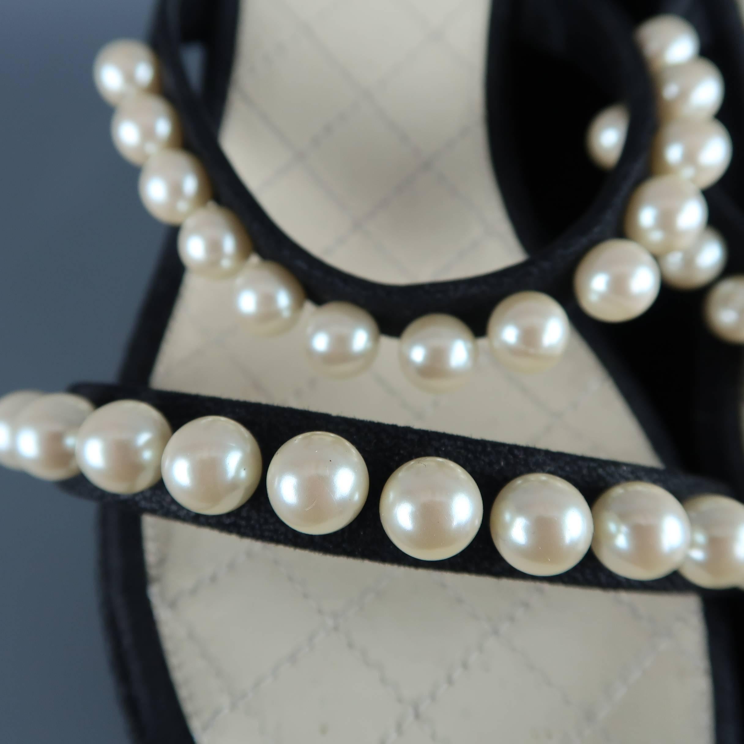 Women's Chanel Black Suede Pearl Straps Platform Wedges