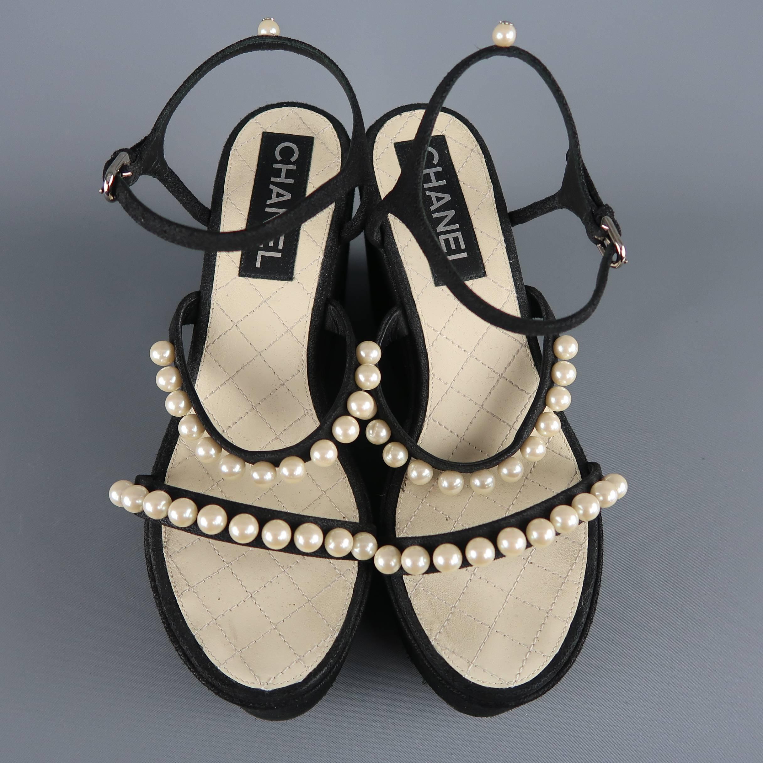 Chanel Black Suede Pearl Straps Platform Wedges In Excellent Condition In San Francisco, CA