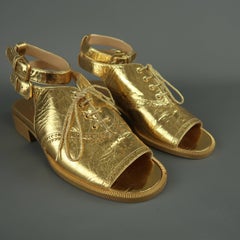 Chanel Size 7 Gold Metallic Leather Peep Toe Ankle Strap Oxford Sandals