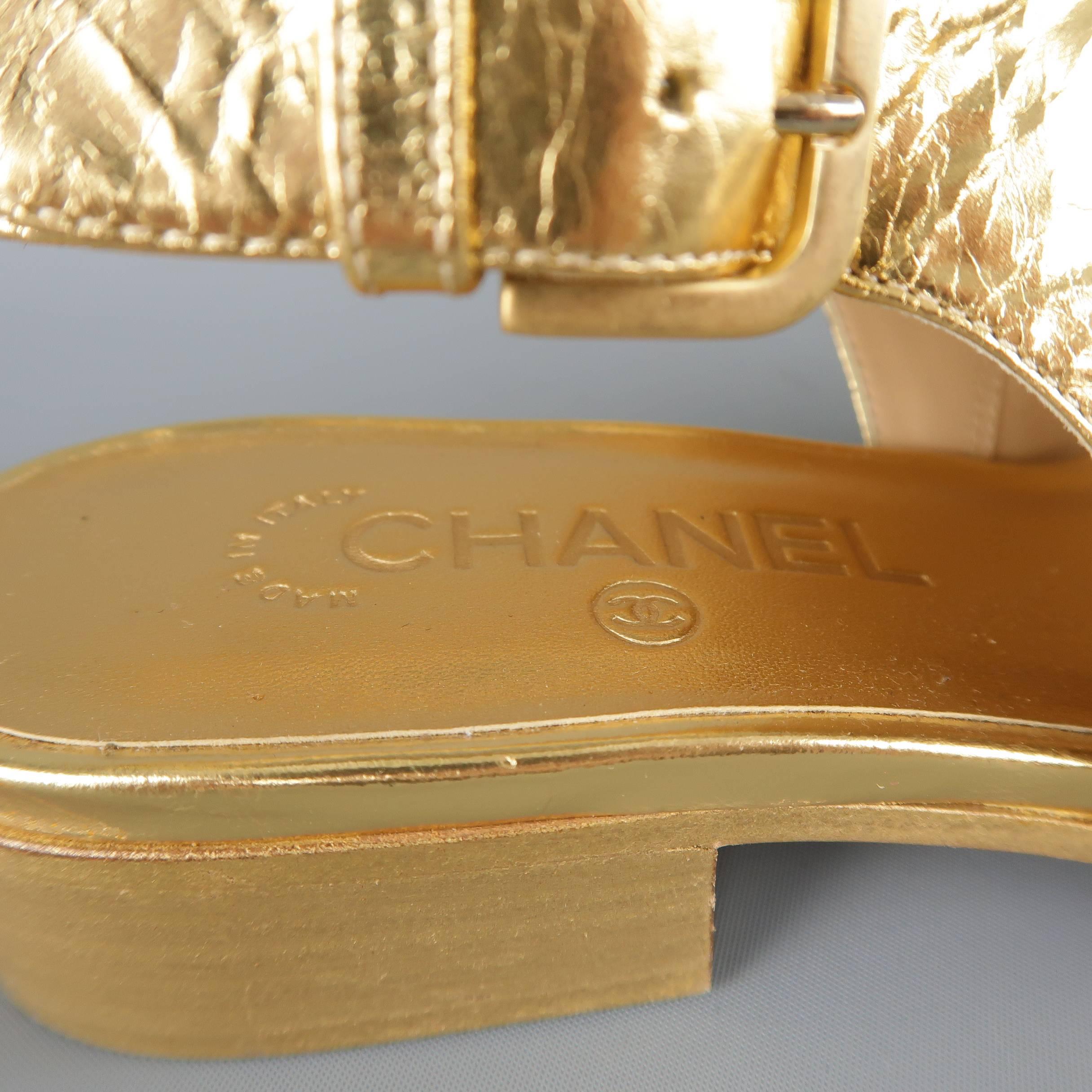 Chanel Size 7 Gold Metallic Leather Peep Toe Ankle Strap Oxford Sandals 2