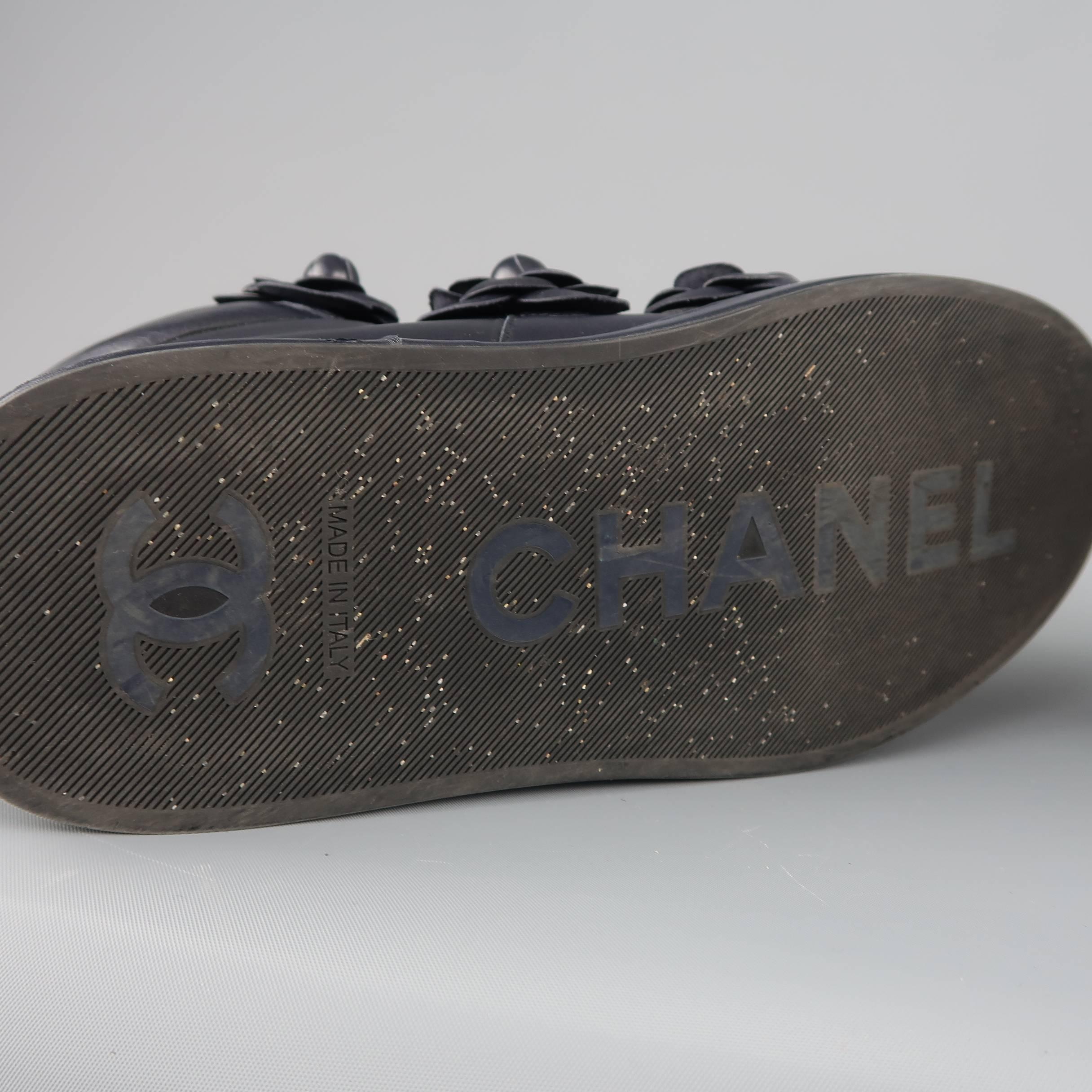 Chanel Sneakers - Navy Leather Camellia Pearl Stud High Top Shoes 7