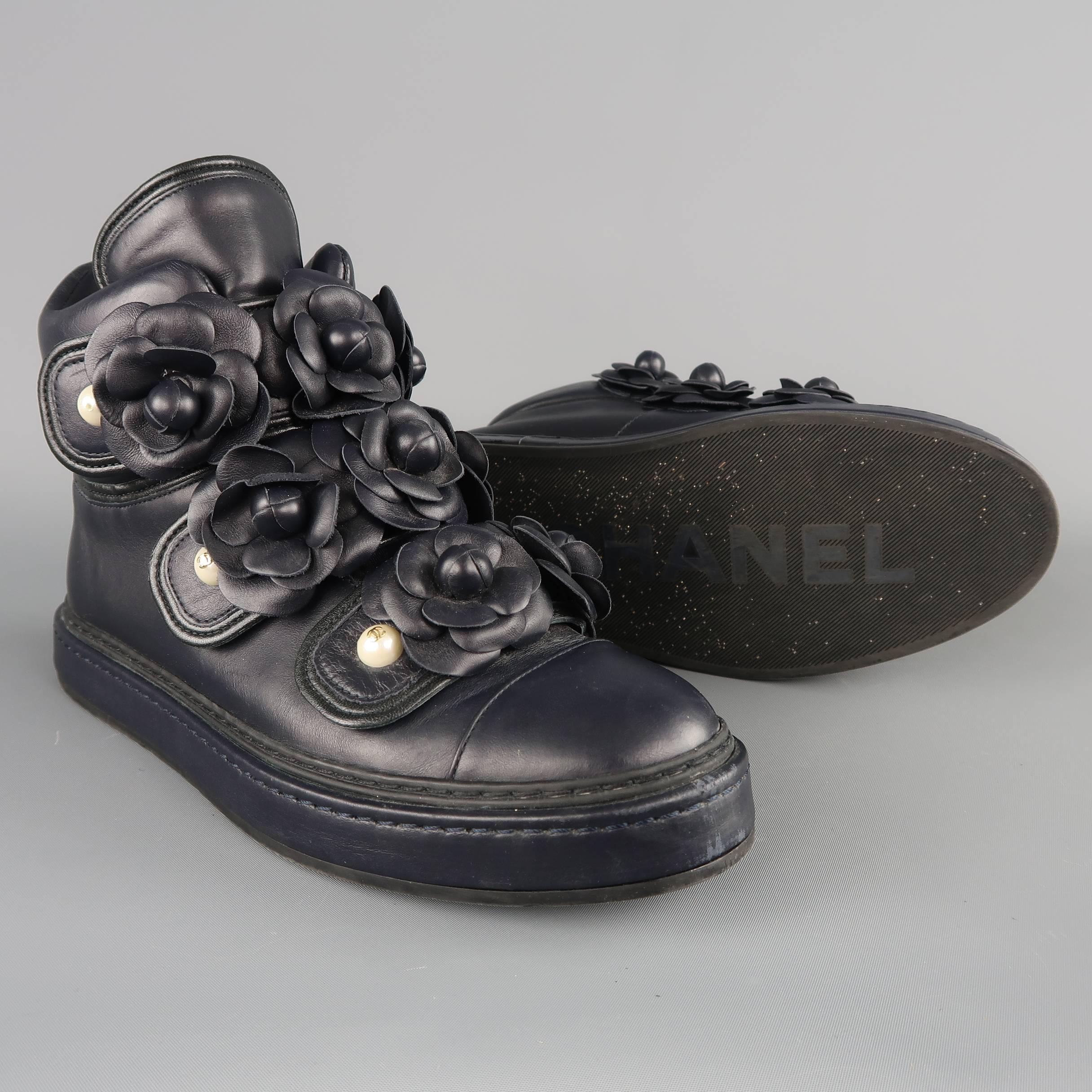 Black Chanel Sneakers - Navy Leather Camellia Pearl Stud High Top Shoes
