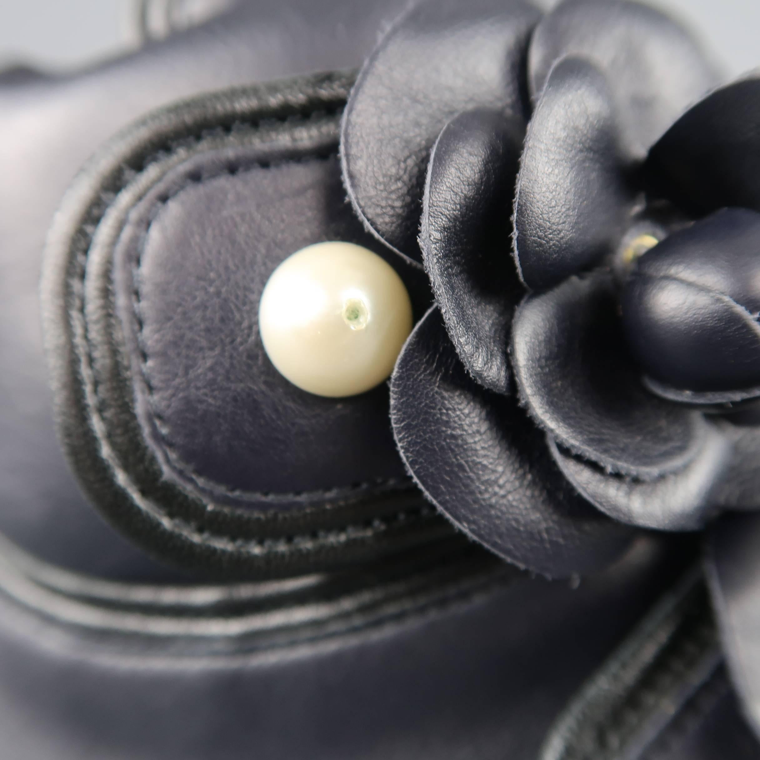 Chanel Sneakers - Navy Leather Camellia Pearl Stud High Top Shoes 3