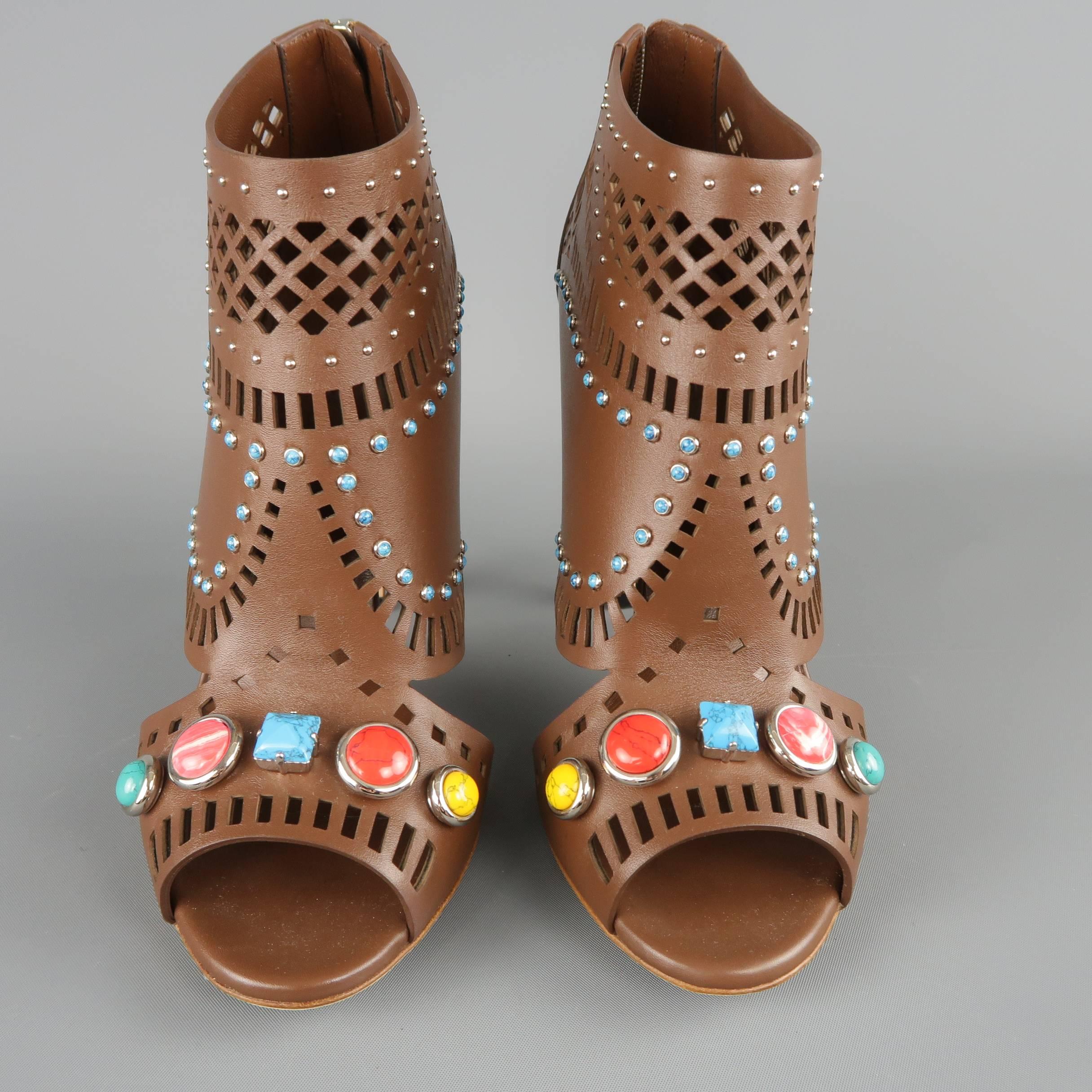 Brown Gucci Tan Leather LIKA Stone Embellished Peep Toe Sandals