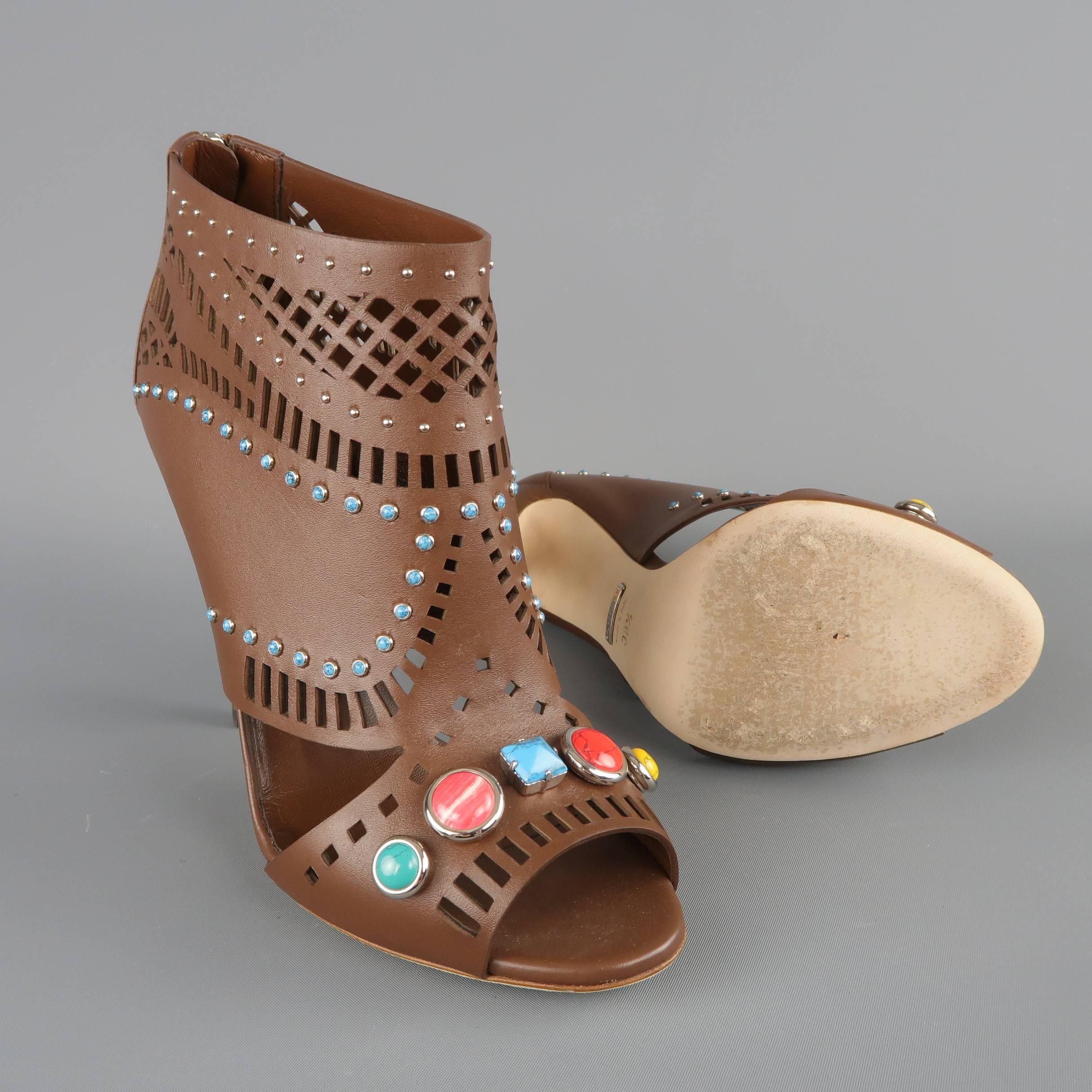 Gucci Tan Leather LIKA Stone Embellished Peep Toe Sandals In Excellent Condition In San Francisco, CA