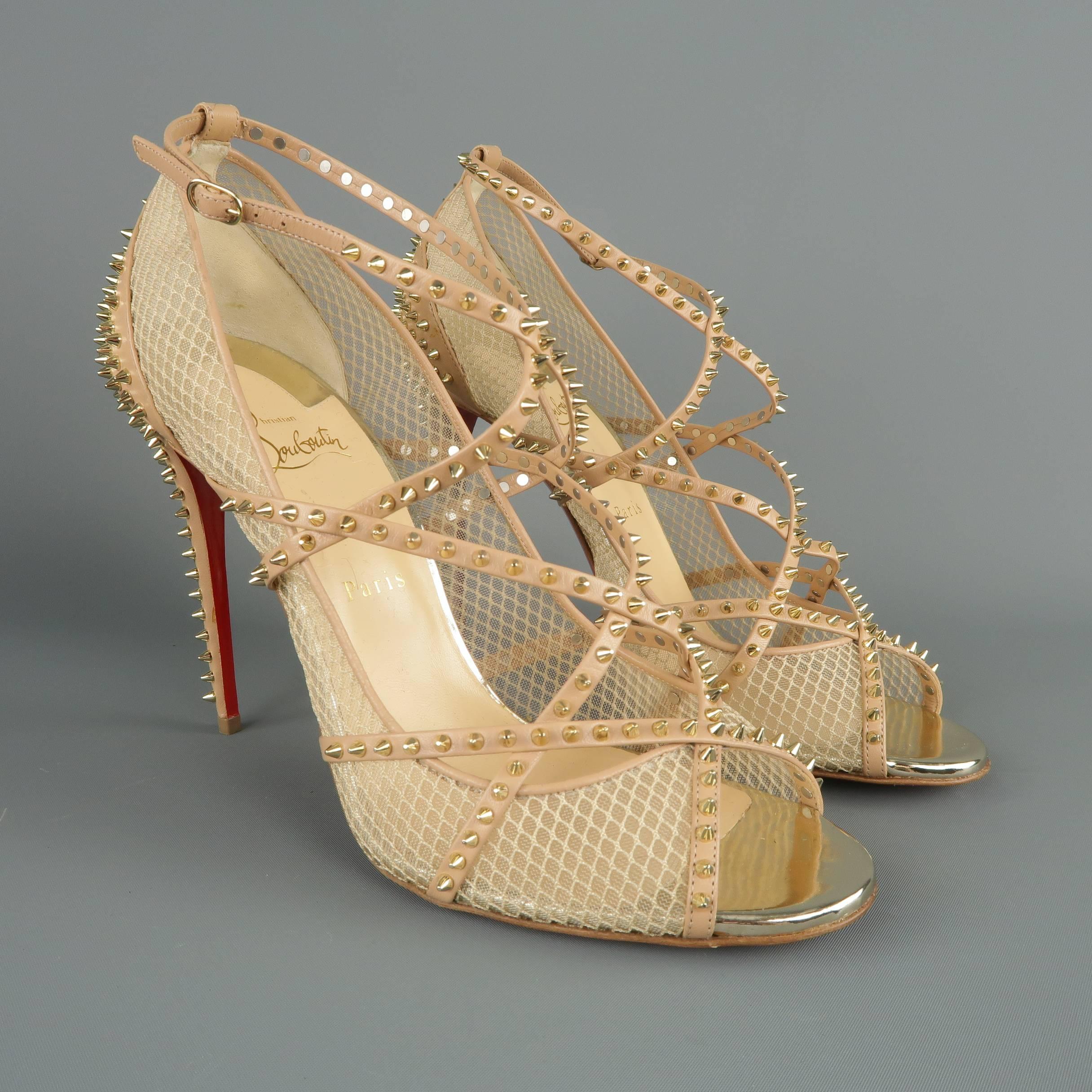 CHRISTIAN LOUBOUTIN Size 12 Beige Spiked Leather & Mesh ALARC Sandals In New Condition In San Francisco, CA