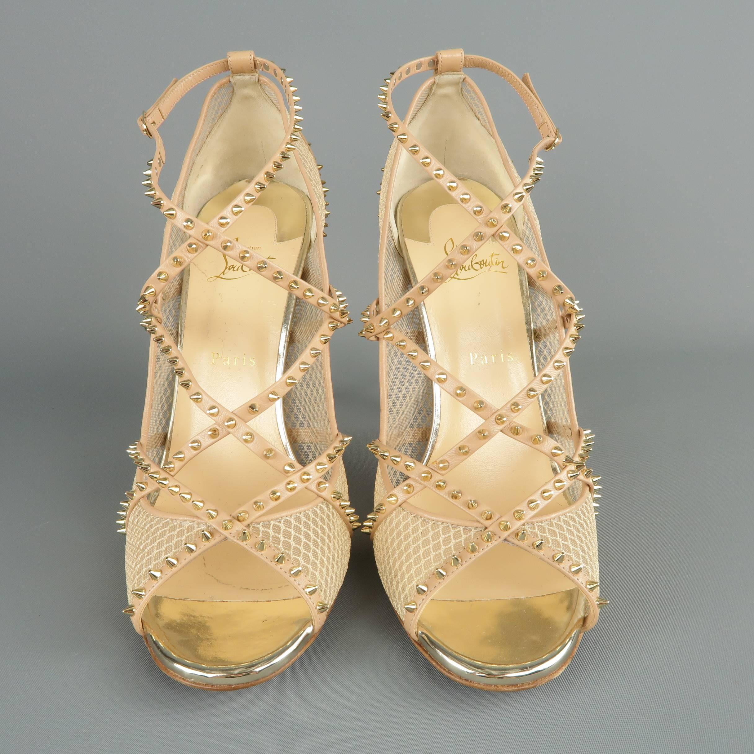 CHRISTIAN LOUBOUTIN Size 12 Beige Spiked Leather & Mesh ALARC Sandals 1