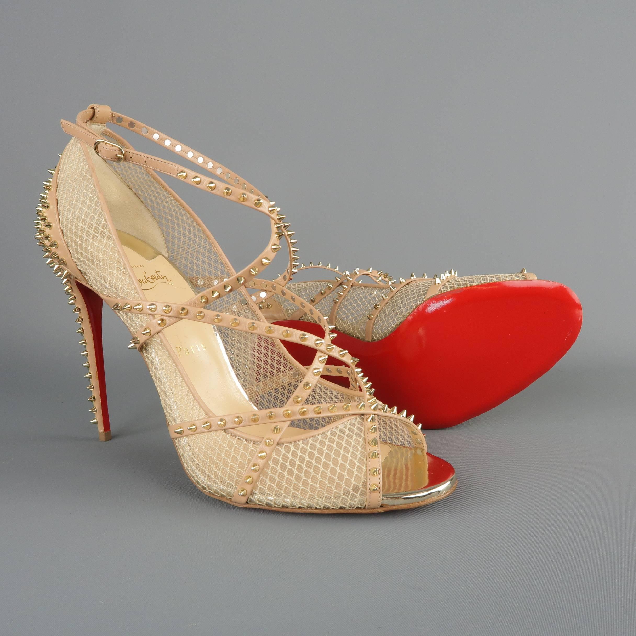Women's CHRISTIAN LOUBOUTIN Size 12 Beige Spiked Leather & Mesh ALARC Sandals