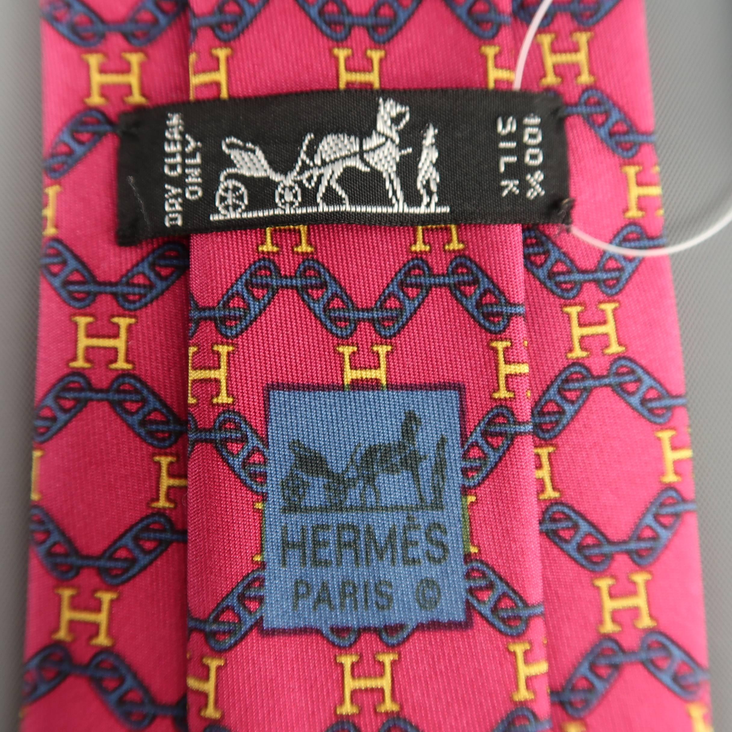 Pink Men's HERMES Raspberry Red Navy Chain & Yellow H Print Silk Tie