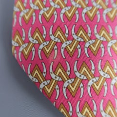 Men's HERMES Raspberry Red & Gold Chevron Horseshoe Print Silk Tie