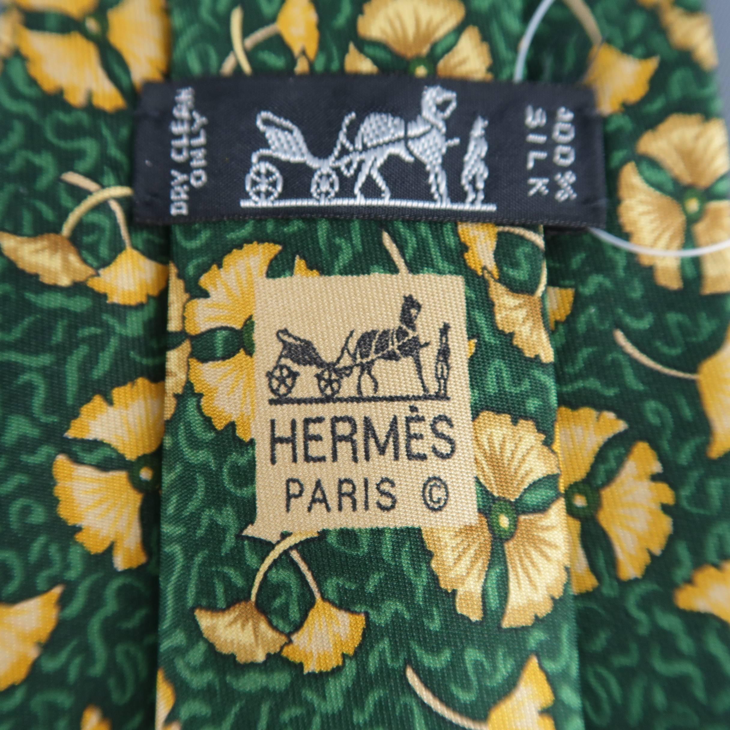 Black Men's HERMES Green & Gold Floral Leaf Print Silk Tie