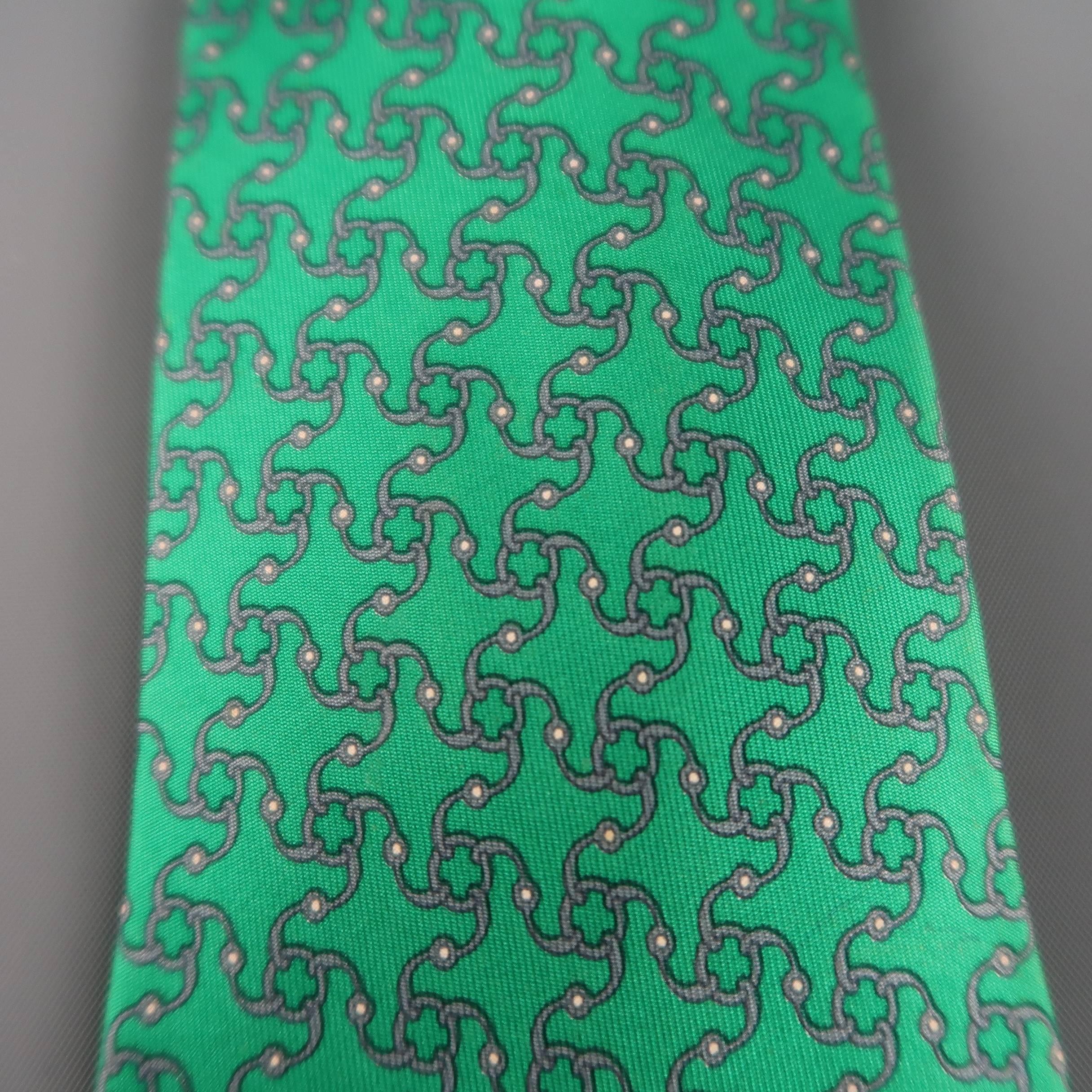 Men's HERMES Green & Grey Interlock Pattern Silk Tie In Fair Condition In San Francisco, CA