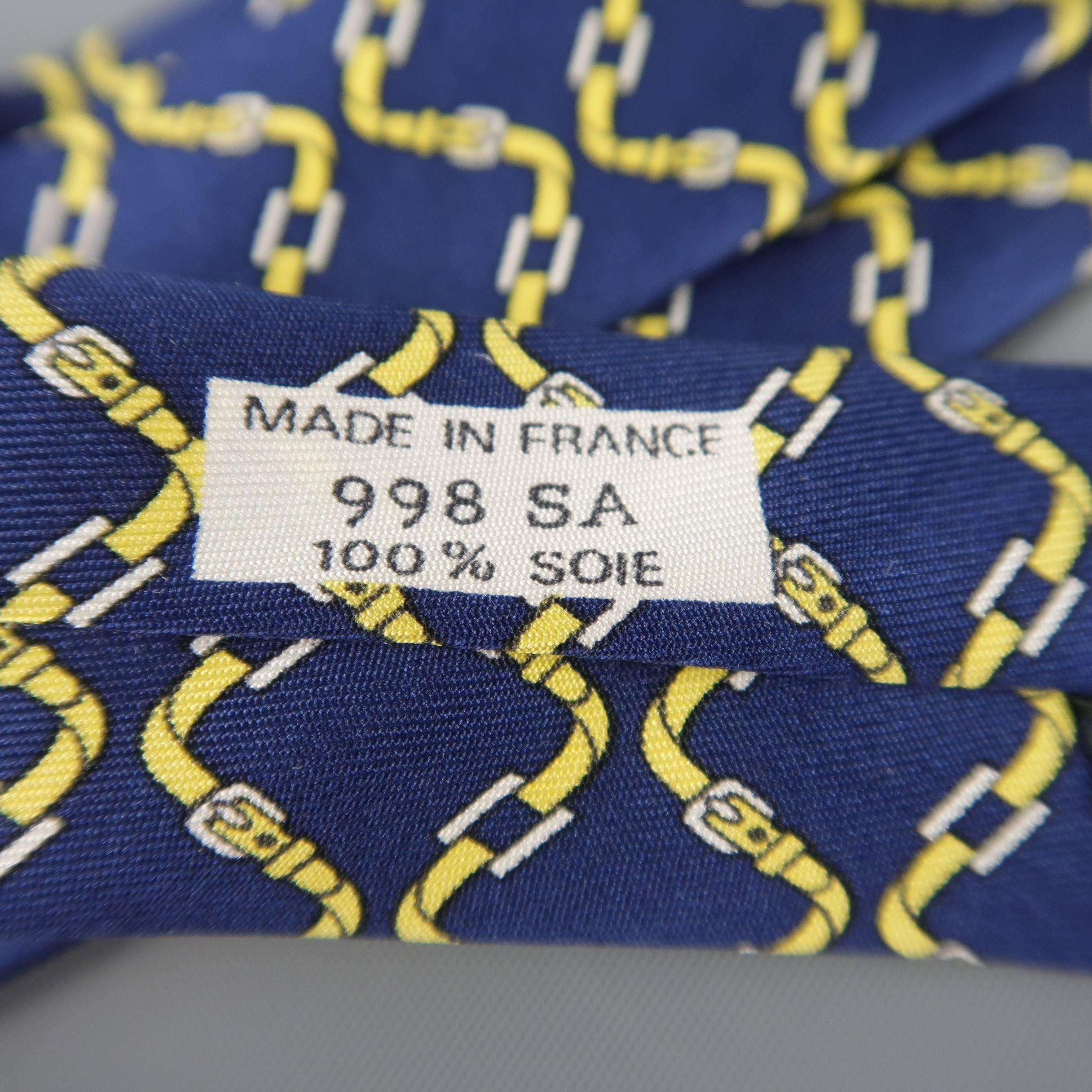 Men's HERMES Navy & Yellow Belt Print Silk Tie 1