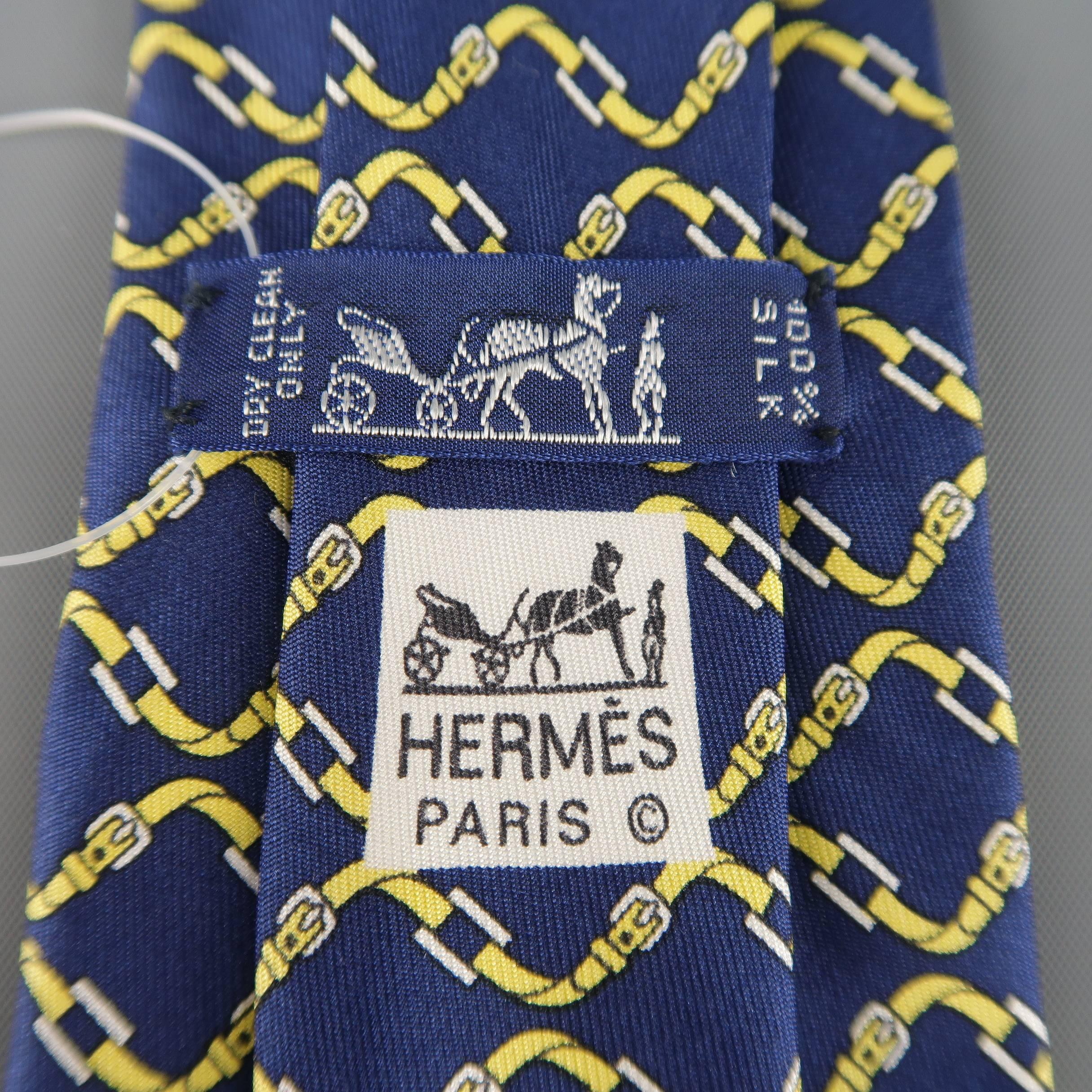 Men's HERMES Navy & Yellow Belt Print Silk Tie 2