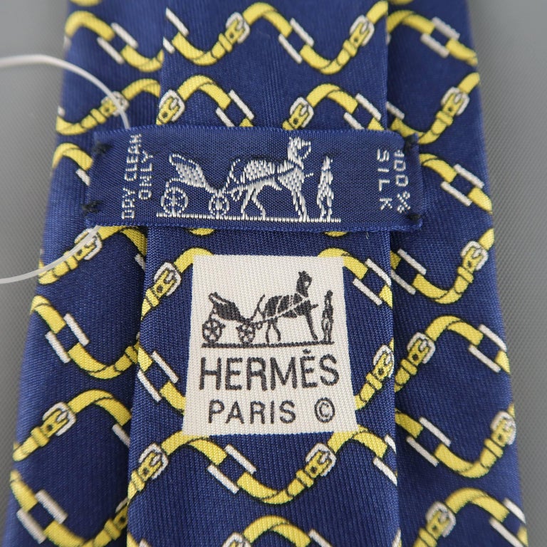 Men's HERMES Navy and Yellow Belt Print Silk Tie at 1stDibs | hermes ...