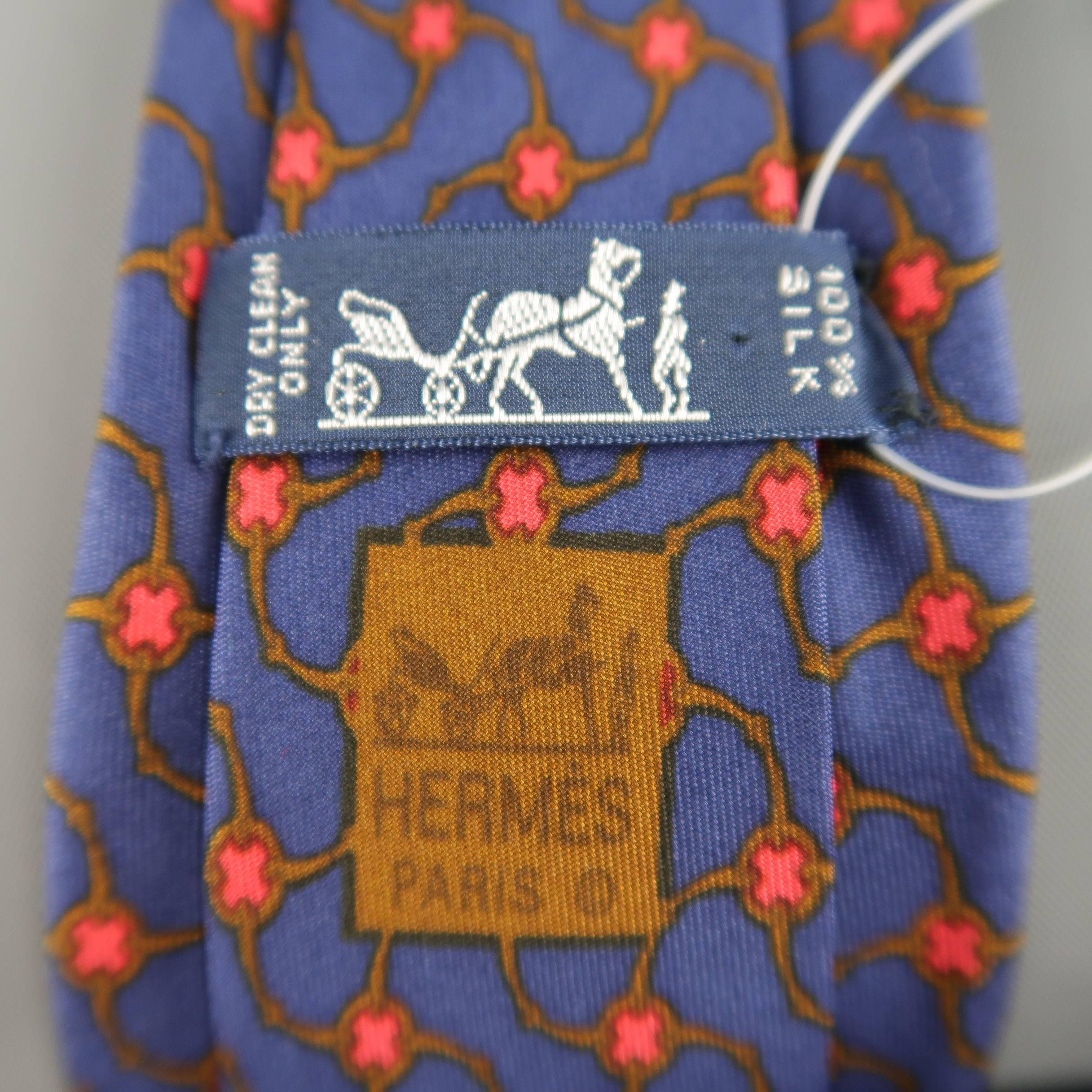 Gray Men's HERMES Navy Brown & Red Interlock Print Silk Tie