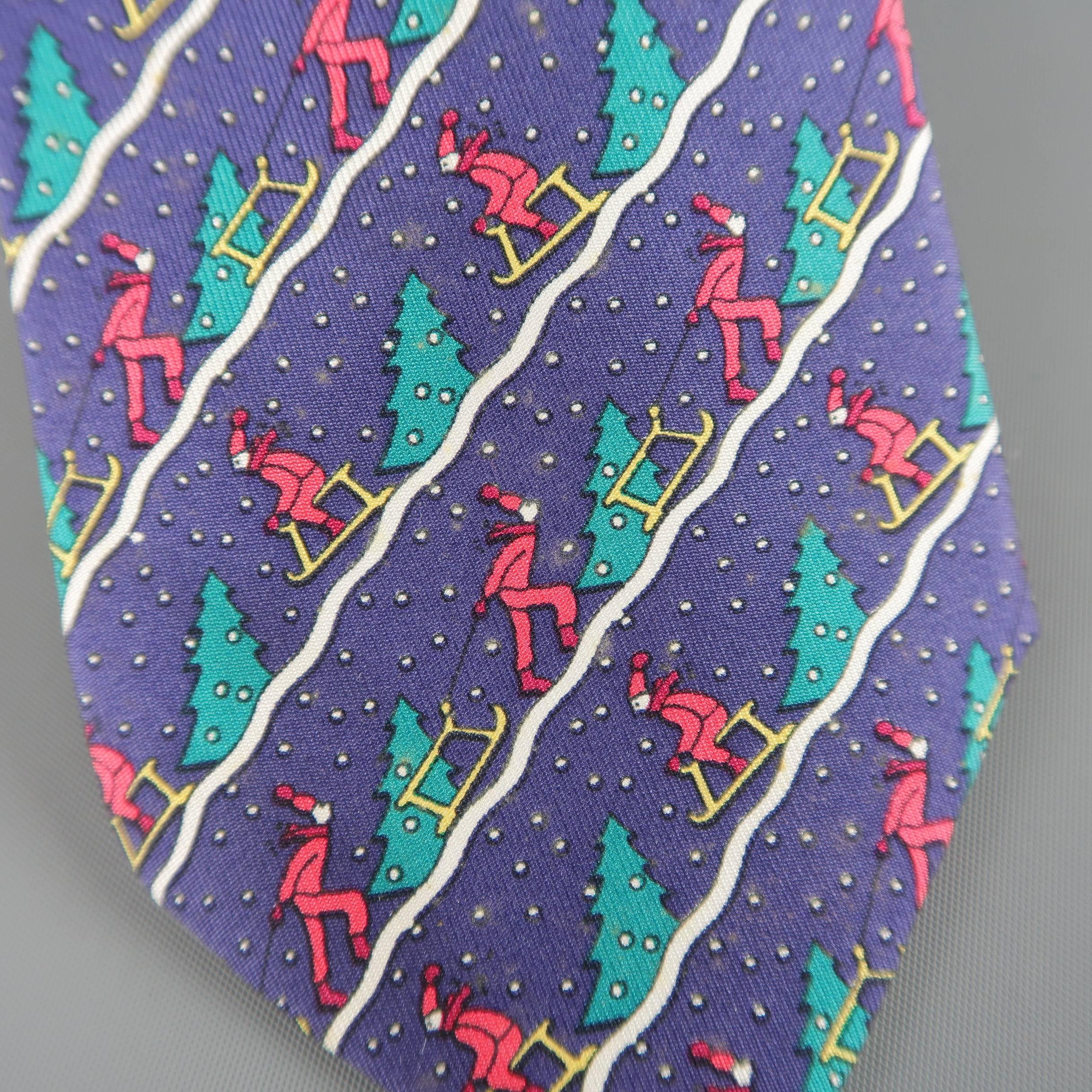 Vintage HERMES necktie comes in navy blue silk twill with all over winter sleigh print. Stains throughout. As-is.  Made in France.
 
Fair Pre-Owned Condition.
 
Width: 3.10 in.
