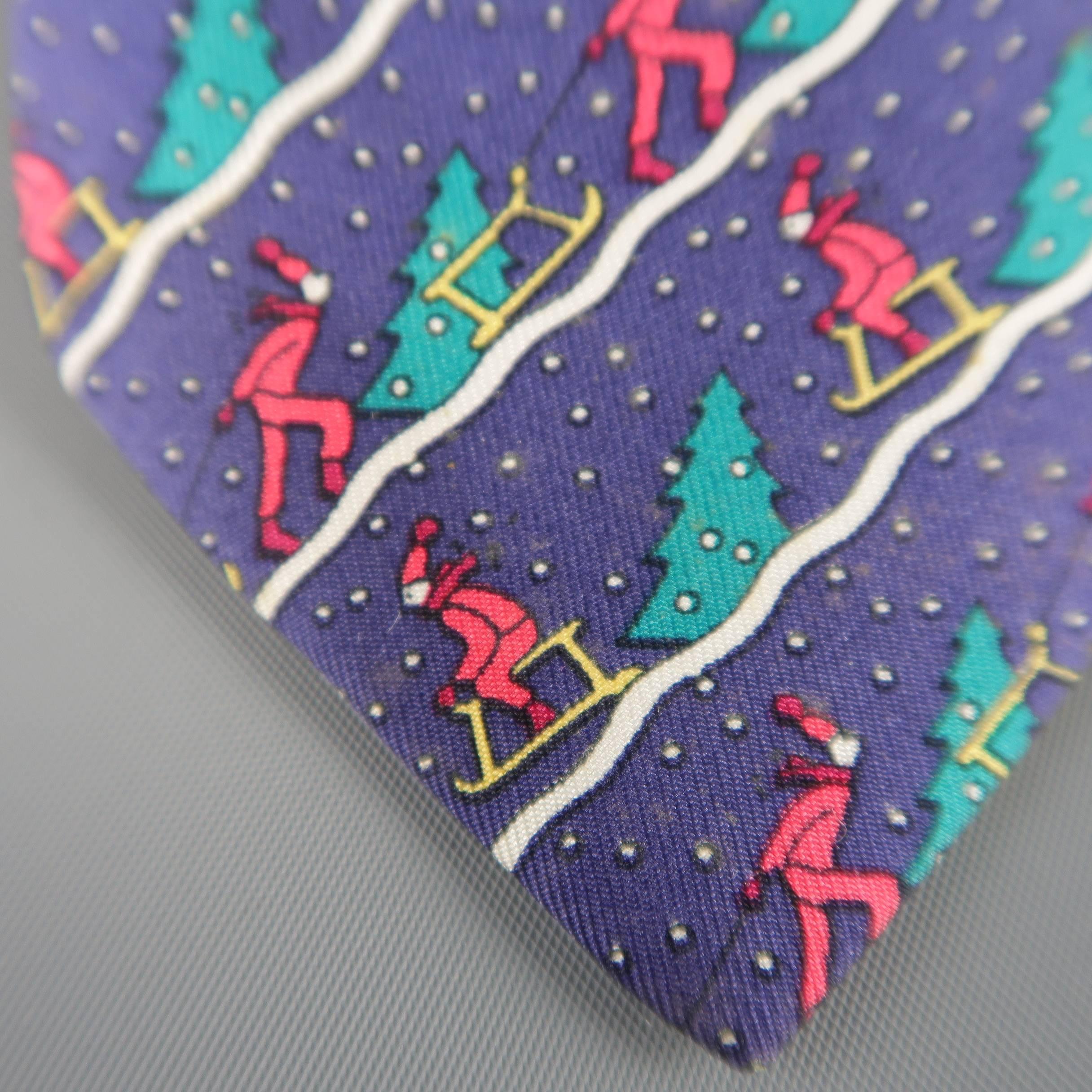 Purple Men's HERMES Navy Silk Winter Snow Sleigh Print Tie