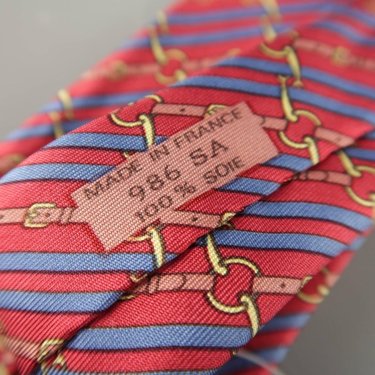 Men's HERMES Red and Blue Diagonal Belt Stripe Print Silk Tie For Sale