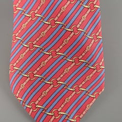 Men's HERMES Red & Blue Diagonal Belt Stripe Print Silk Tie